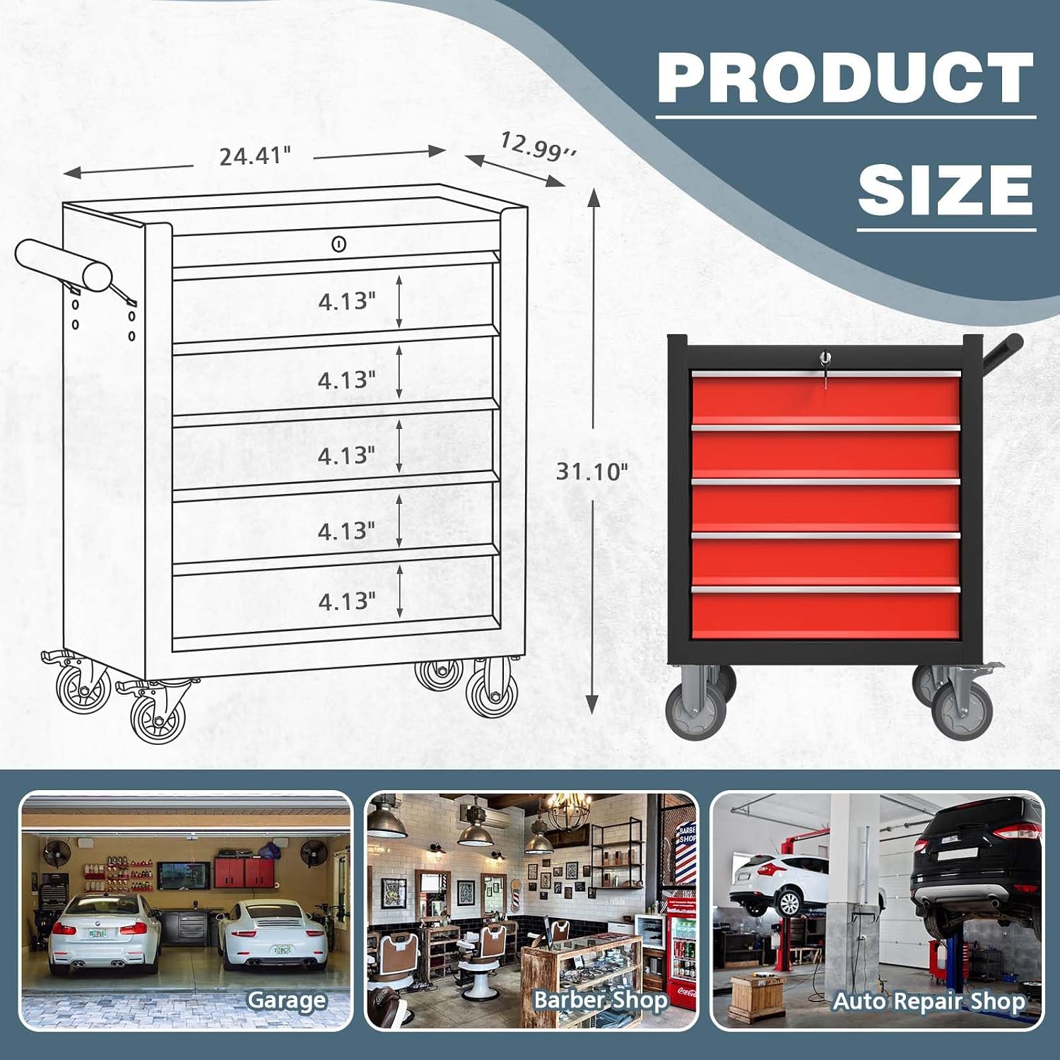 5-Drawer Tool Chest, Rolling Tool Box with Wheels, High Capacity Detachable Mobile Tool Storage Cabinet for Workshop, Garage, Mechanics and Repair Room (BlackRed, 5-Drawer)