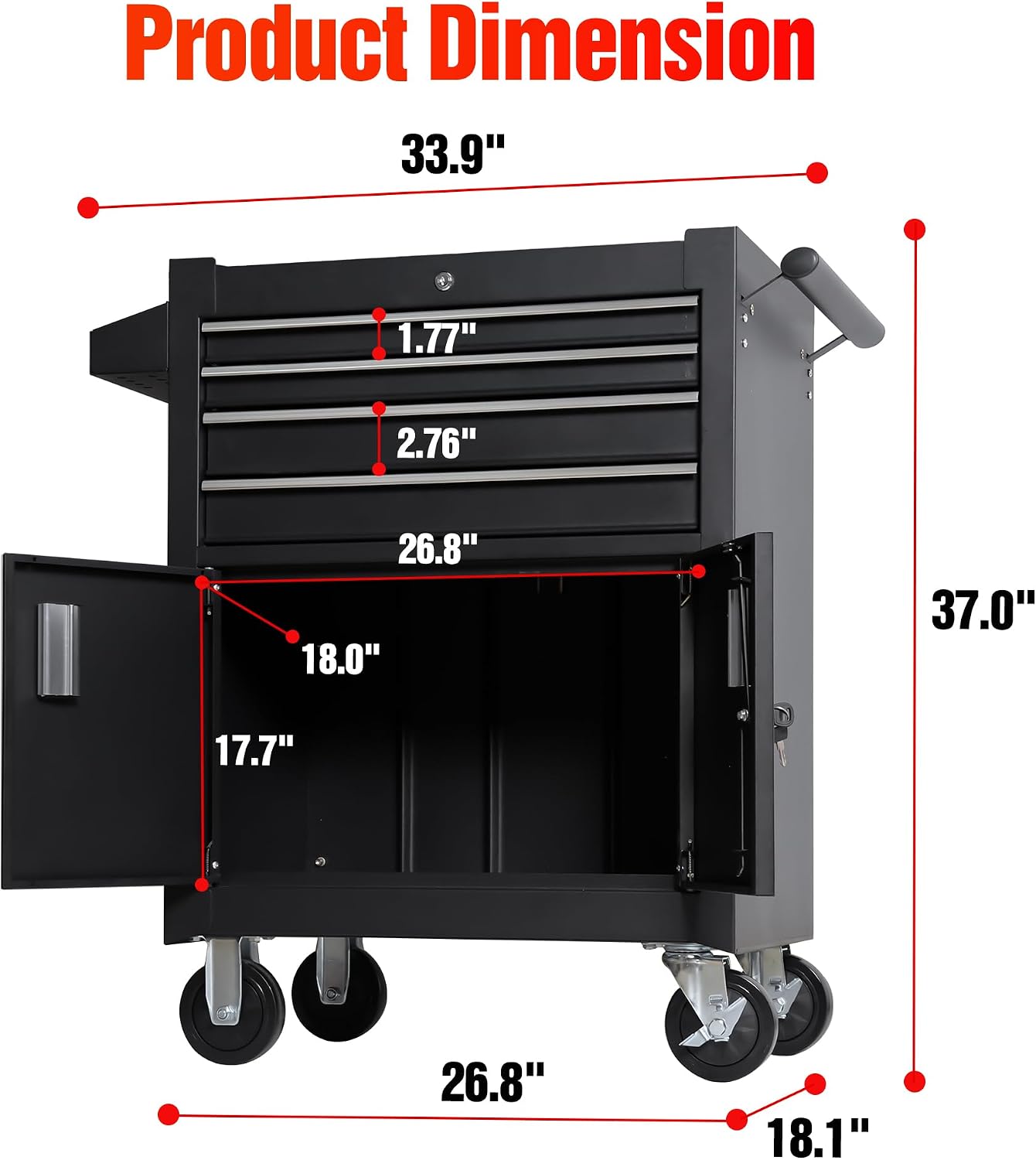 4-Drawer Rolling Tool Chest with Cabinet, Heavy Duty Metal Tool Box on Wheels, Lockable Rolling Tool Cabinet with Drawers & Doors, Garage Tool Storage Organizer for Workshop, Repair Shop