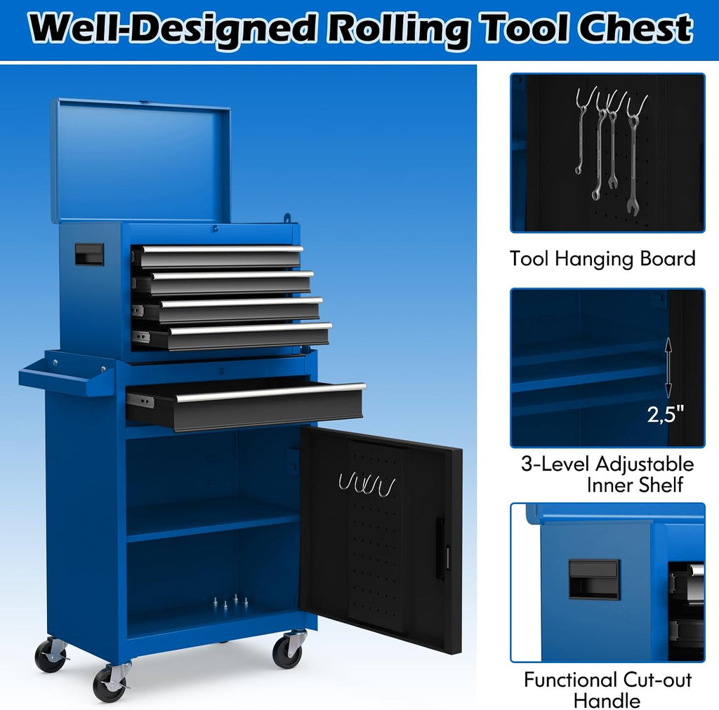 DORTALA Rolling Tool Chest Cabinet, Tool Box Organizer with 5 Sliding Drawers, Locking System, Toolbox Storage Cabinet on Wheels for Garage Workshop, Blue & Black
