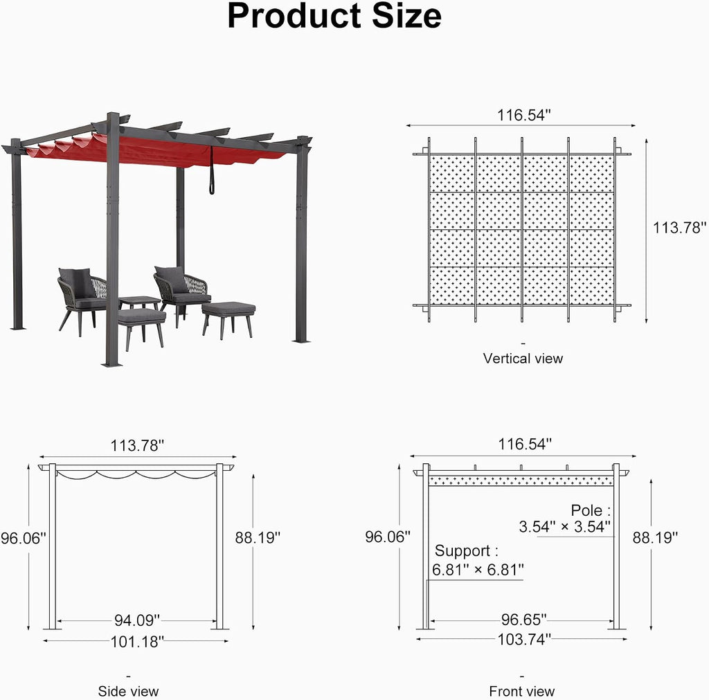 PURPLE LEAF 10' X 10' Outdoor Retractable Pergola with Sun Shade Canopy Patio Metal Shelter for Garden Porch Beach Pavilion Grill Gazebo Modern Yard Grape Trellis Pergola, Terra