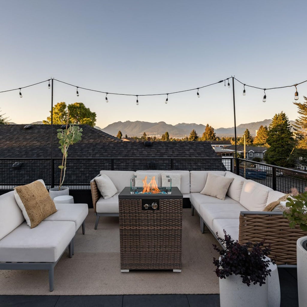 22in Outdoor Propane Gas Fire Pit Table, 40,000 BTU Auto-Ignition Gas Firepit with Glass Wind Guard, Painted Steel Tabletop, Mixed Color Glass Rocks, Brown PE Rattan