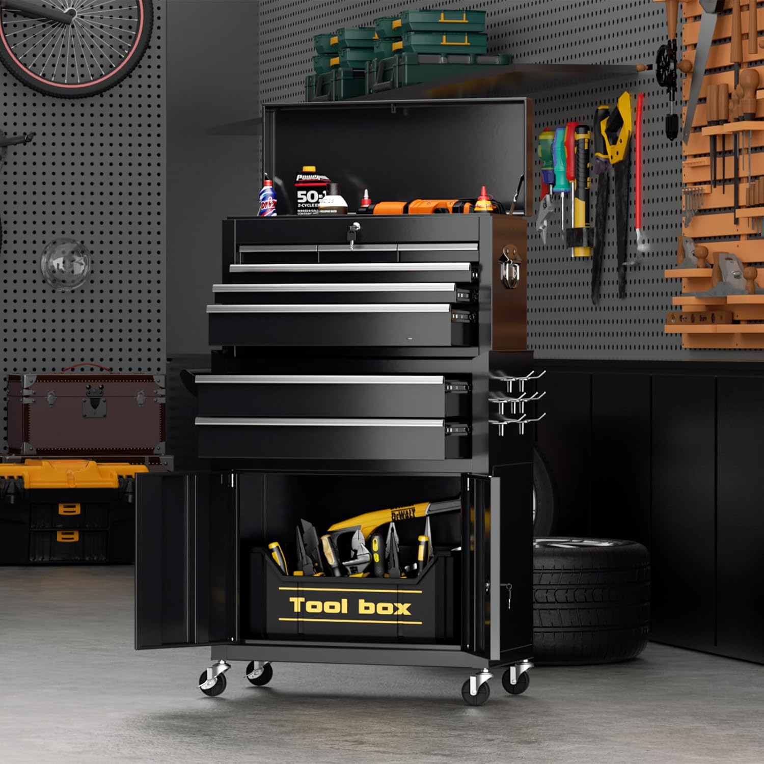 8-Drawer Rolling Tool Chest with Lock, Detachable Tool Cabinet Cart with Wheels, High-Capacity Mechanic Tool Organizer for Garage Workshop Warehouse Storage