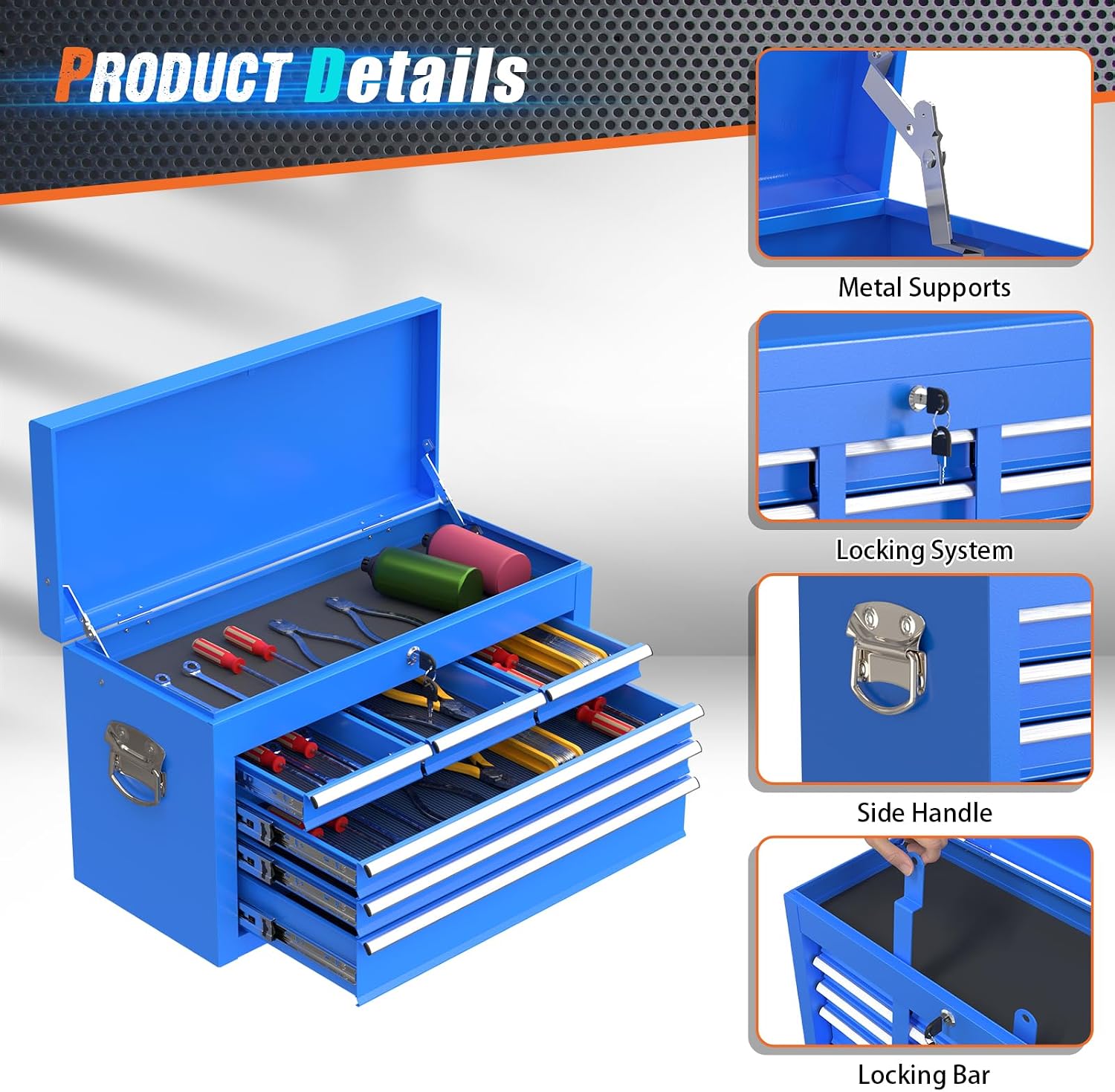 8-Drawer Rolling Tool Chest with Wheels, 2-in-1 Detachable Tool Box with Drawers and Large Cabinet, Rolling Tool Chest Storage Cabinet with Lockable for Warehouse, Garage, Workshop (Blue)