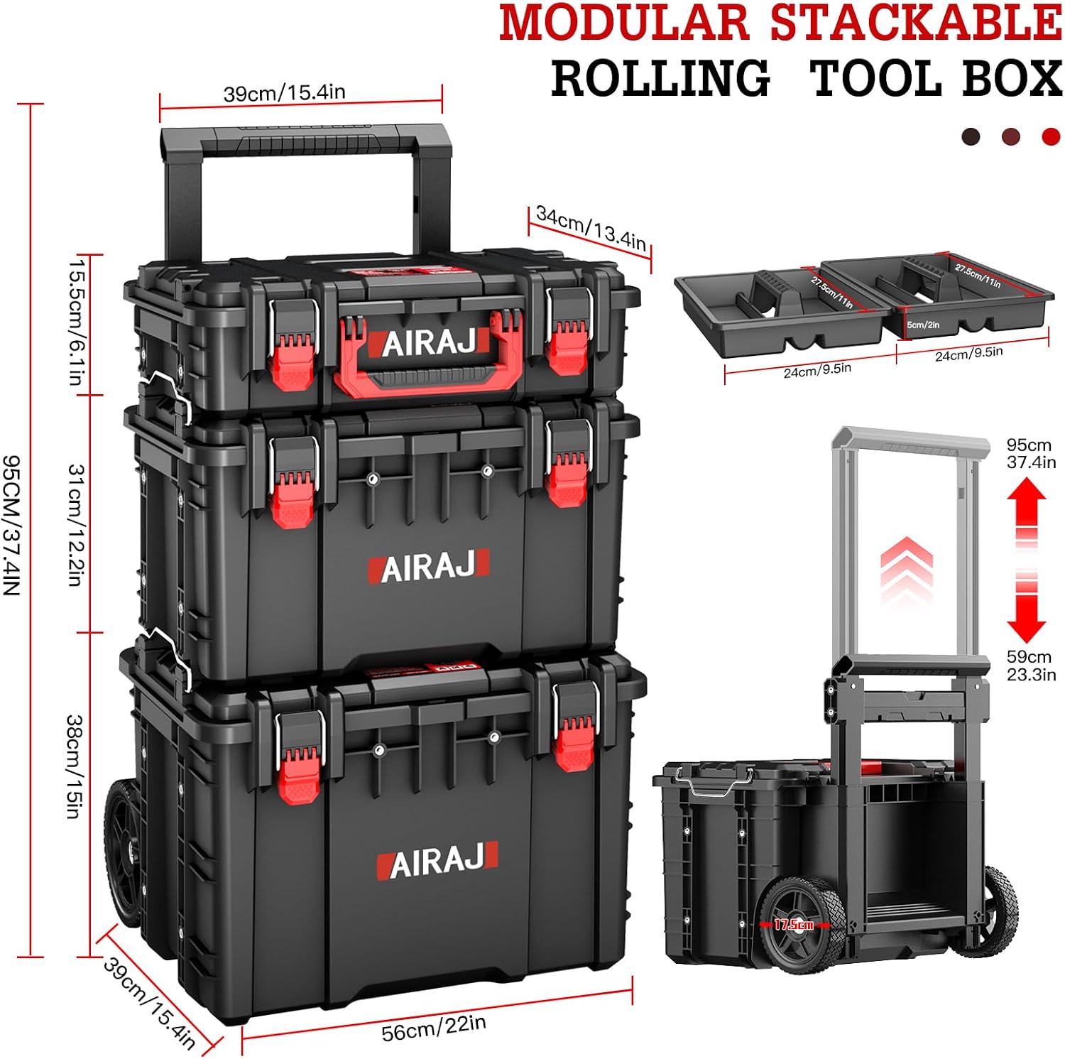 Rolling Tool Box with Wheels Heavy Duty,Modular Stackable Tool Box Organizer,Waterproof Toolbox for Hand/Power Tools,Removable Divider/Parts Box,All-terrain Durable Wheels,Telescopic Pull Rod Handle