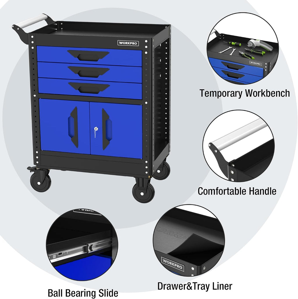 WORKPRO 27.5 Inch 3-Drawer Rolling Tool Chest with Wheels, Portable Steel Tool Cabinets with Drawers, Liners and Locking System for Warehouse, Garage, Black and Blue