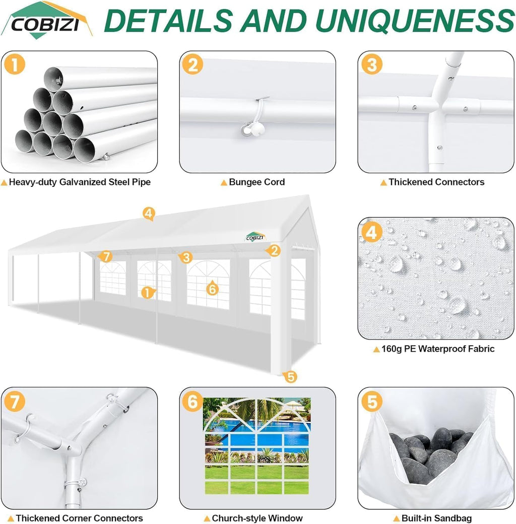 COBIZI 10x30FT Party Tent Heavy Duty Event Shelter Outdoor Wedding Gazebo Canopy for Parties Carport BBQ Commercial with Removable Sidewall Windows, Powder Coating (Better Than Galvanized),White