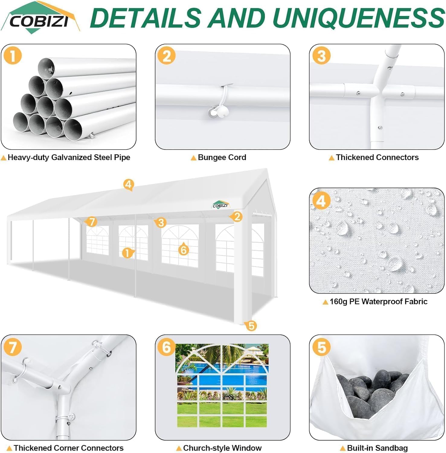 COBIZI 10x30FT Party Tent Heavy Duty Event Shelter Outdoor Wedding Gazebo Canopy for Parties Carport BBQ Commercial with Removable Sidewall Windows, Powder Coating (Better Than Galvanized),White
