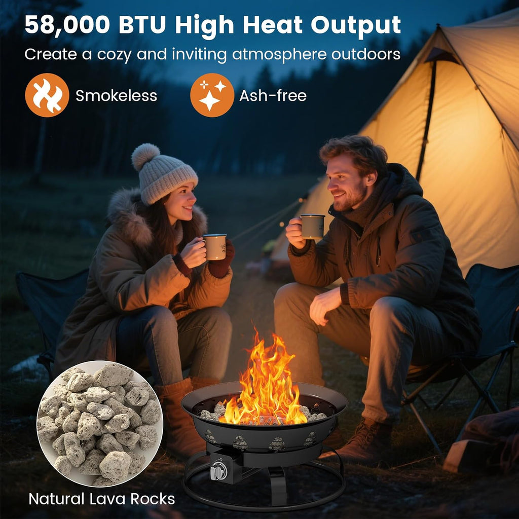 Giantex Portable Propane Fire Pit, 21 Inch Smokeless Fire Bowl with Cover, Natural Lava Rocks, Tank Holder, 58,000 BTU Round Outdoor Gas Firepit for Outside Camping, Patio, Yard
