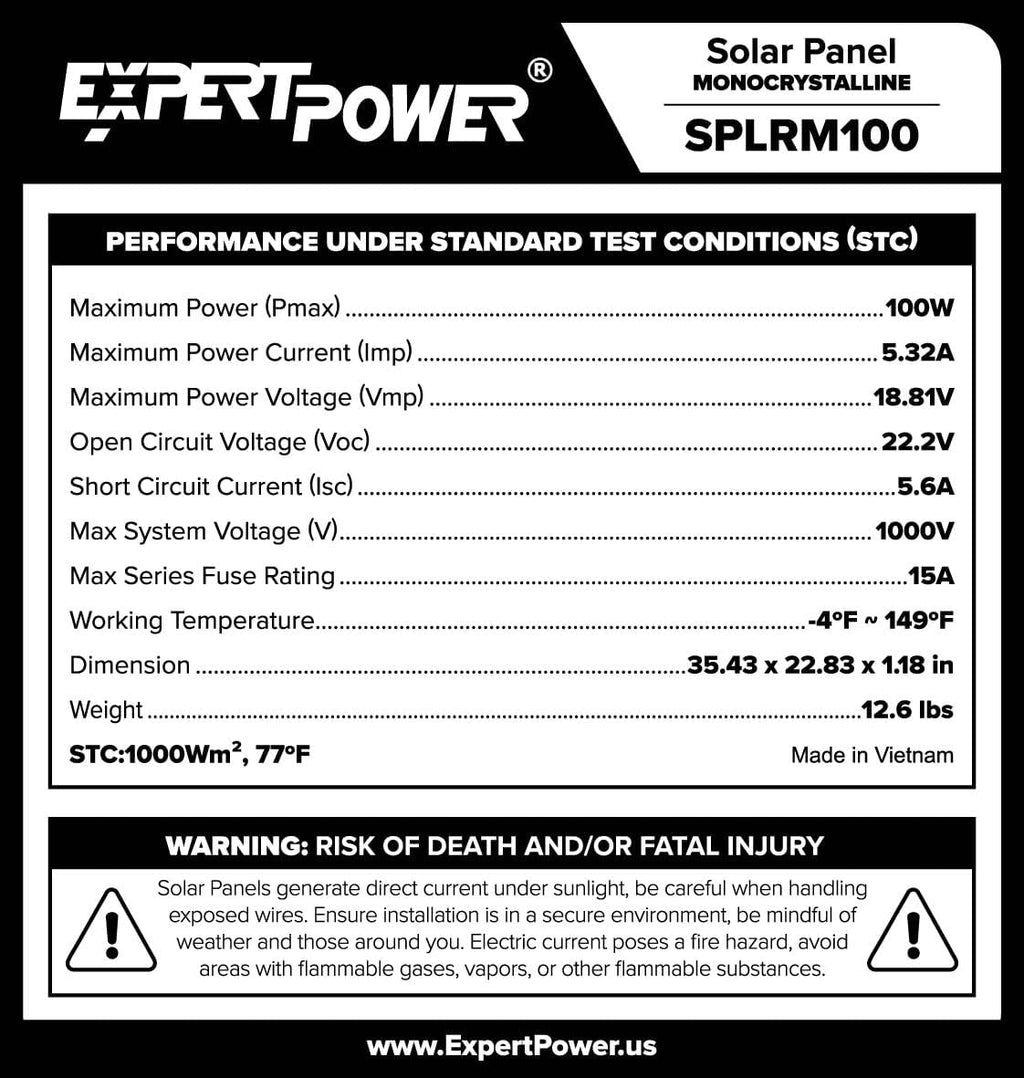 ExpertPower Solar Panel Kit | 100-watt 12-Volt Mono Solar Panel + 10A 12V/24V Solar Charge Controller, for RV, Marine, Cabin, Off-Grid DIY, Solar Projects and More