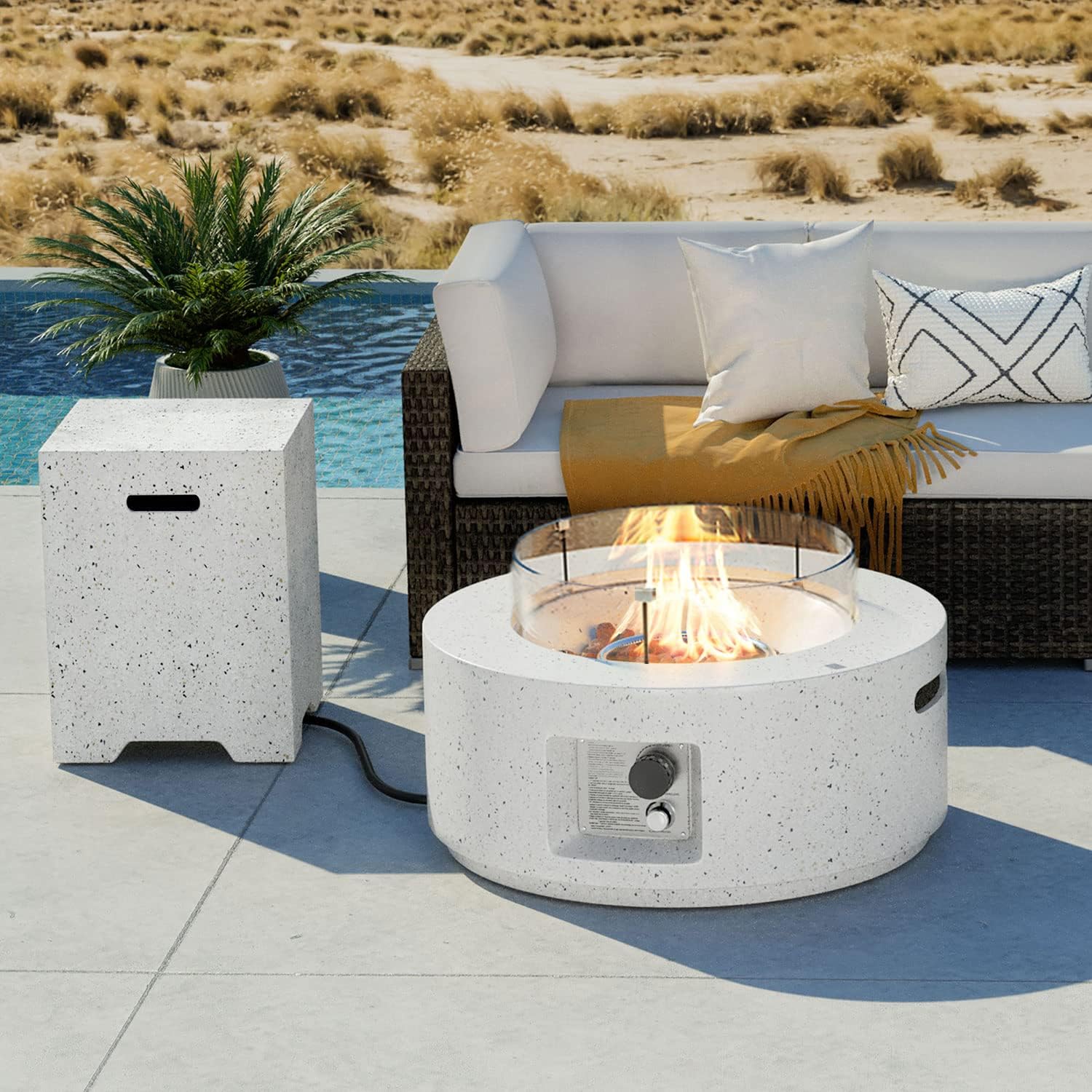 COSIEST 2-Piece Outdoor Propane Fire Pit Table Set w Tank Table, 28' Terrazzo Round Fire Table (Certified, 40,000 BTU) w 16' Tank Cover Side Table 20lb, Wind Guard, Rain Cover for Garden, Pool