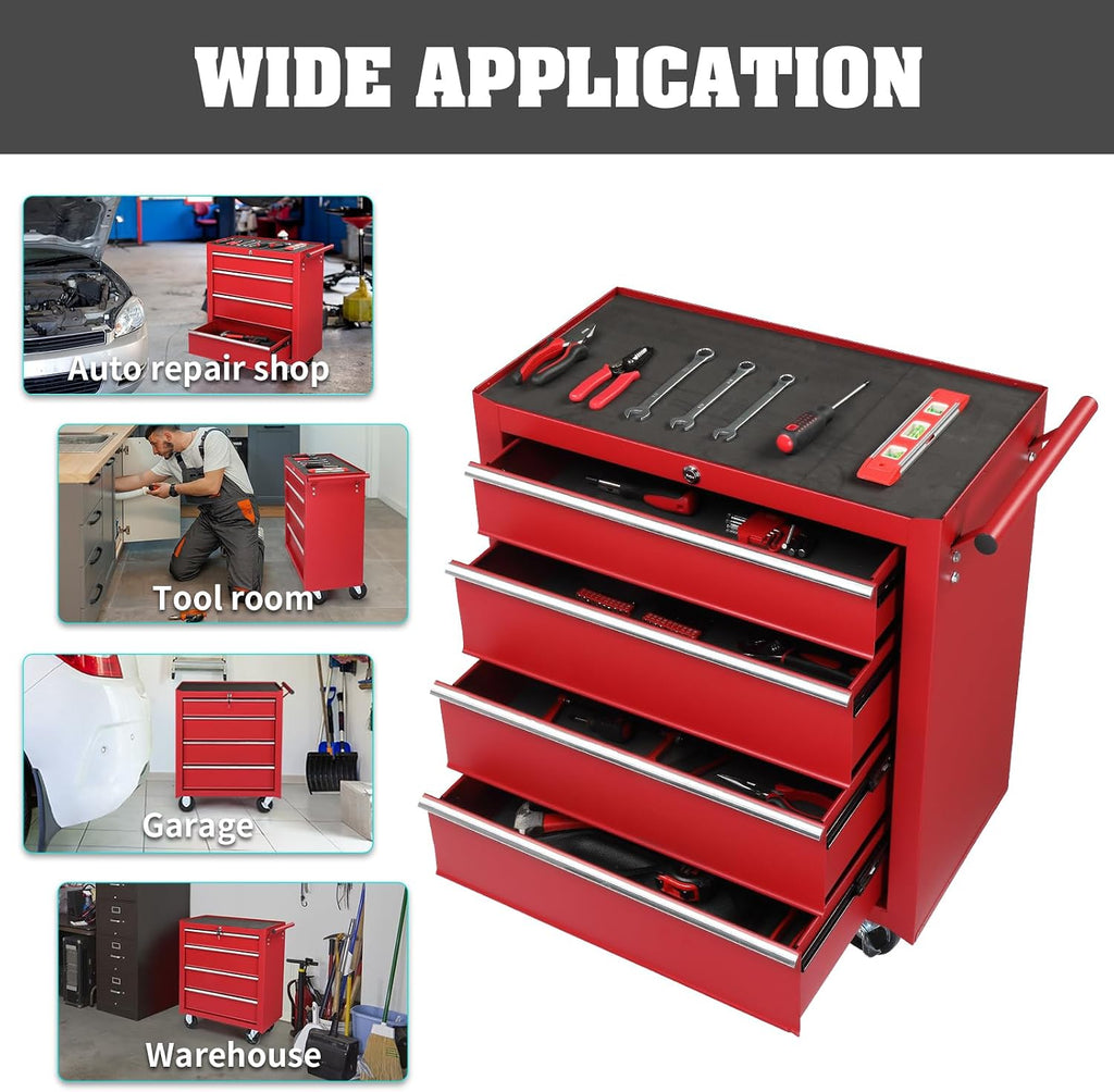 Winado 4-Drawer Tool Chest with Wheels & Lock & Key, Heavy Duty Cart Rolling Tool Box on Wheels, Metal Storage Cabinet, Rolling Tool Cart with Drawers for Garage, Warehouse & Repair Shop (Red)