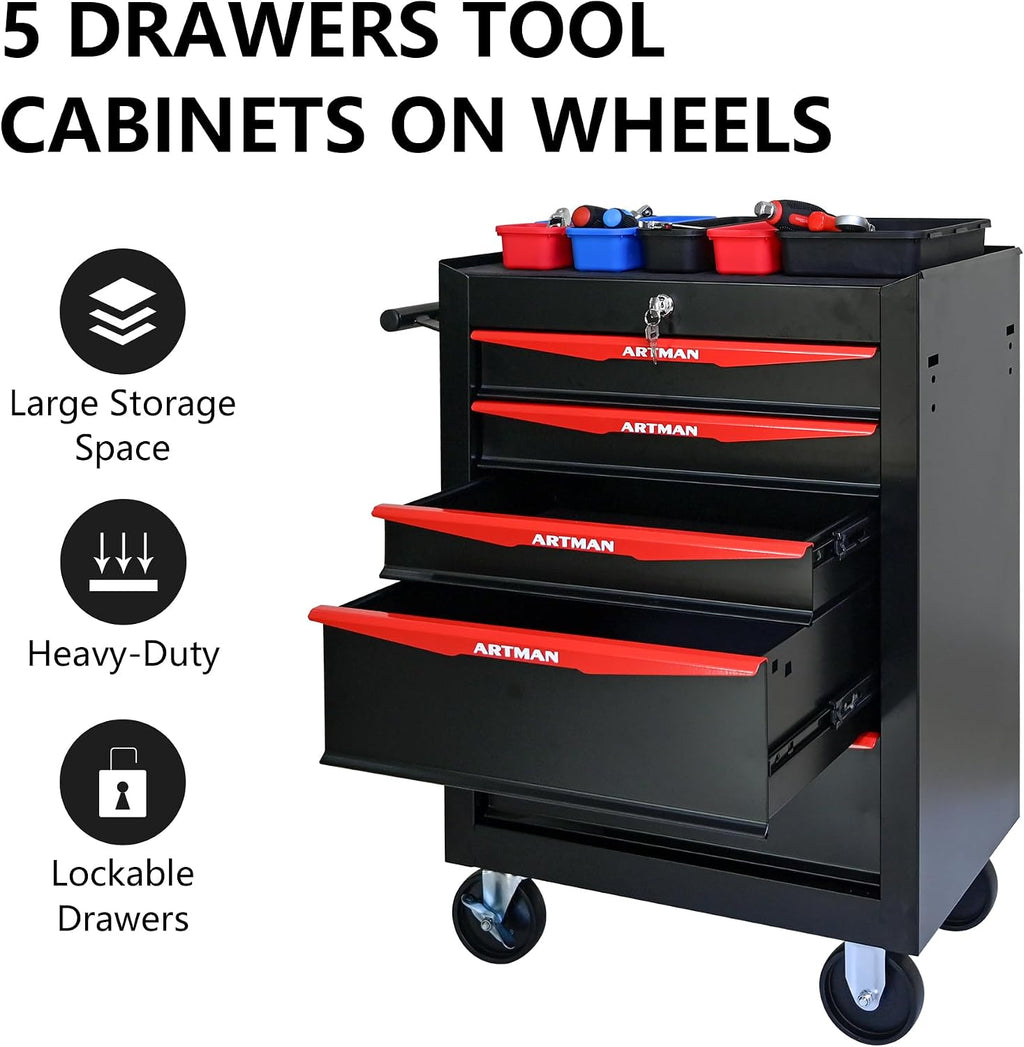 5 Drawers Tool Cart on Wheels, Multifunctional Rolling Tool Storage Chest, Drawers Rolling Trolley Organizer Tool Box for Warehouse, Garage, Workshop, Repair Shop (5 Drawers-30.5' H)