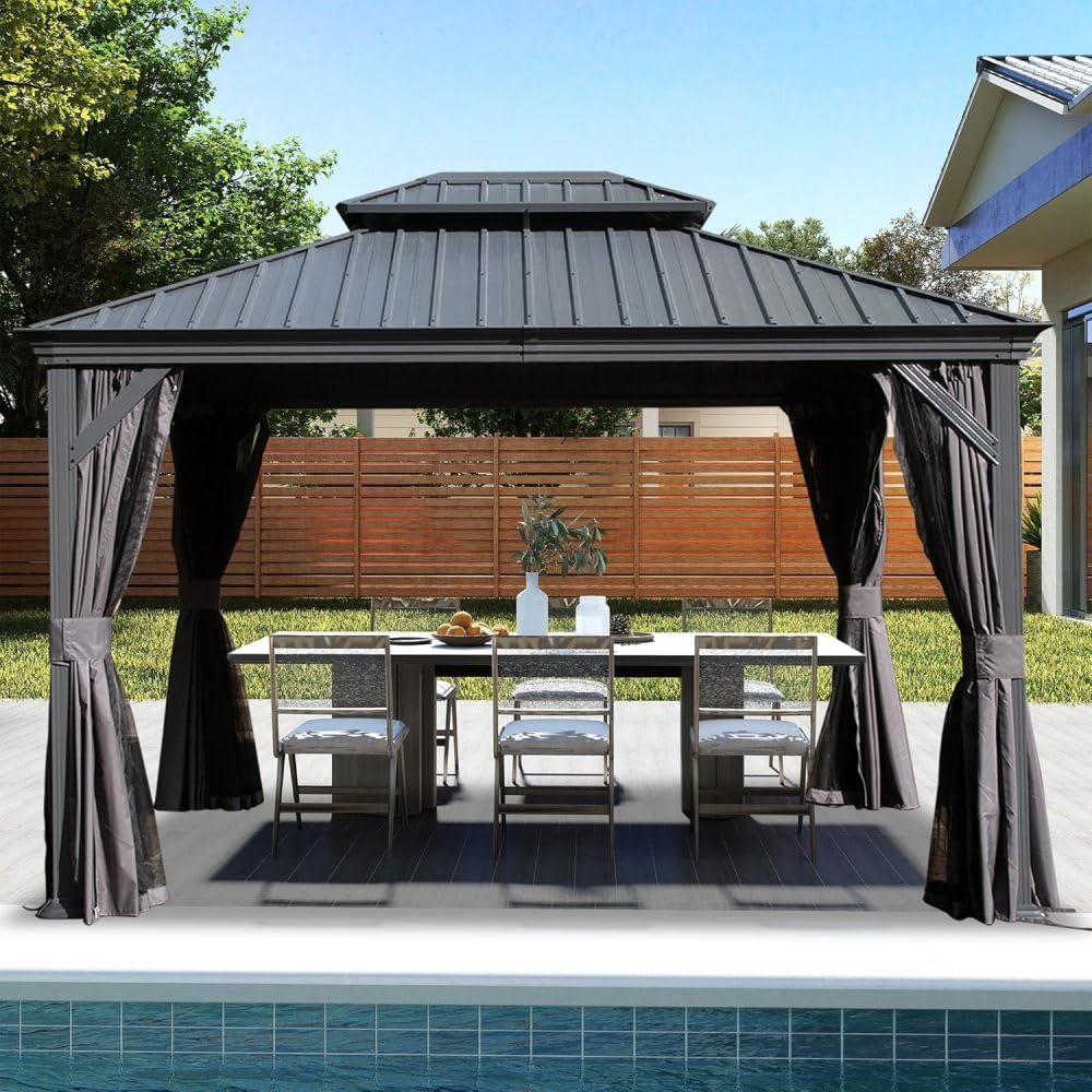 Outdoor Gazebo 10x13ft Hardtop with Double Roof, Metal Gazebo for Patio Water-Resistant Steel Frame, Includes Curtains & Netting, Modern Gray for Backyard Deck Garden