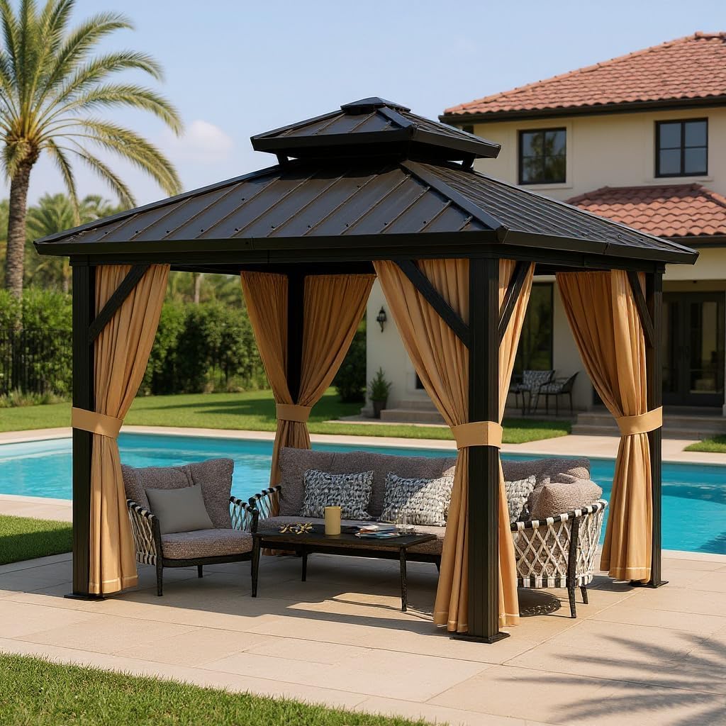 GAOMON 10x10/12 Ft Heavy-Duty Hardtop Pavilion – Double Roof Galvanized Steel Gazebo with Nettings & Curtains for Deck, Lawn & Patio, Brown+Black
