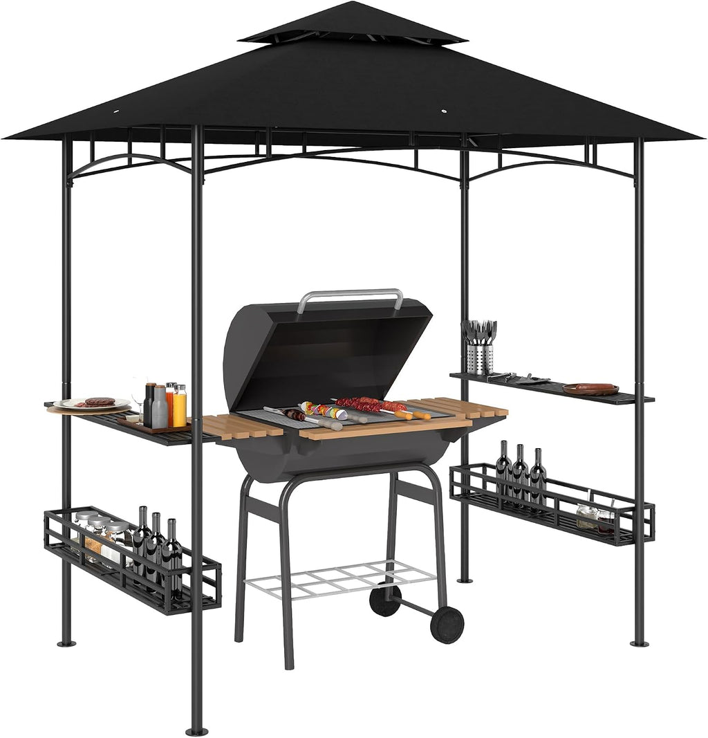 Outsunny 8' x 5' Grill Gazebo, 2-Tier Outdoor BBQ Gazebo with Ceiling Hook, 2 Side Shelves and Storage Baskets for Patio Deck Yard, Dark Gray