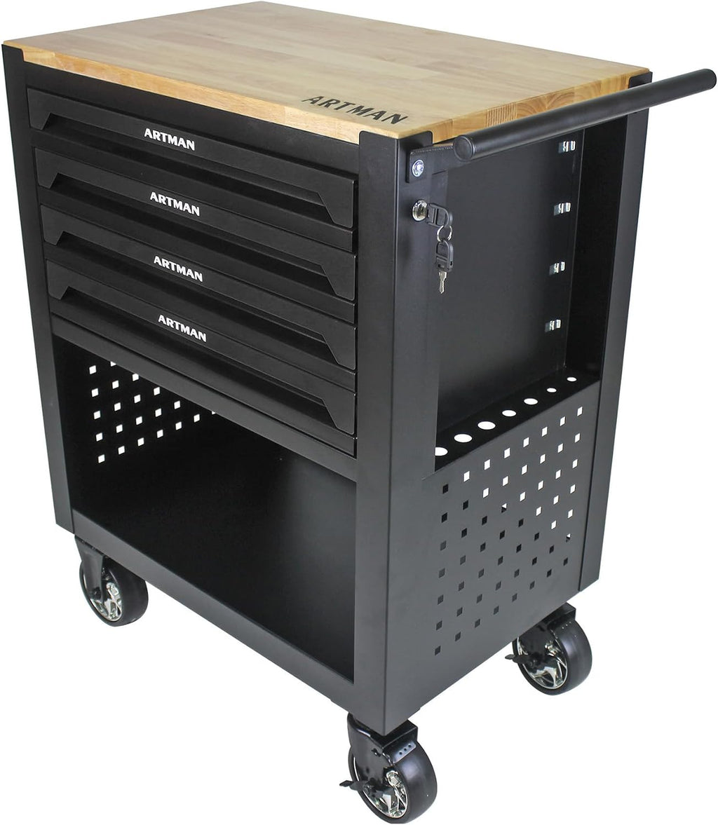 36' Tool Box with Wheels 4 Drawers Rolling Tool Cart, Wooden Top Workbench, 660lbs Total load Tool Cabinet with Locked Drawers Storage Organizer Cabinet for Garage, Warehouse, Repair Shop - Black