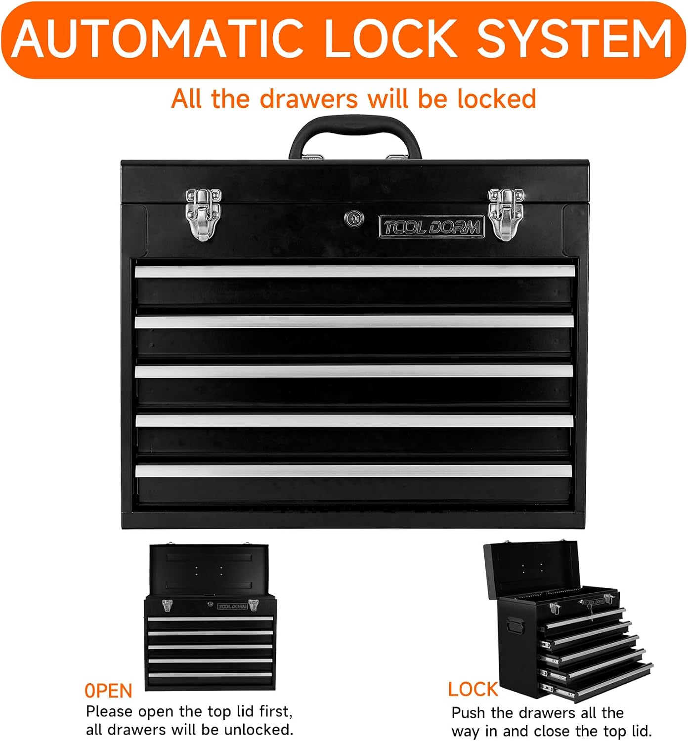 Metal Tool Box with 5 Drawers Portable Steel Tool Chest with Metal Cylinder Lock and Latch Closure, liner, Black and Red two color Powder coating, suitable for Garage, Warehouse and Outdoor Repair job