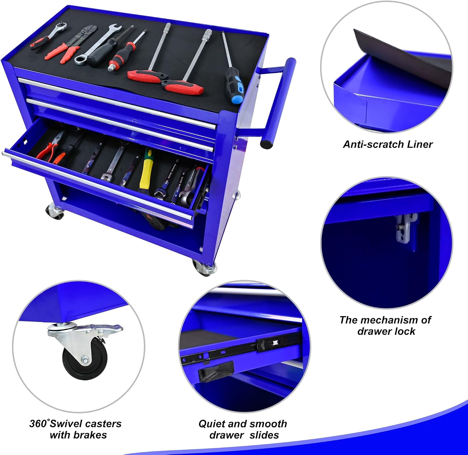 4 Drawers Rolling Tool Cart on Wheels, Trolley Organizer Tool Case Tool Chest, Multifunctional Tool Storage Tool Box for Workshop, Garage, Warehouse, Repair Shop(24.2' W×12.9' D×29.9' H-Blue)