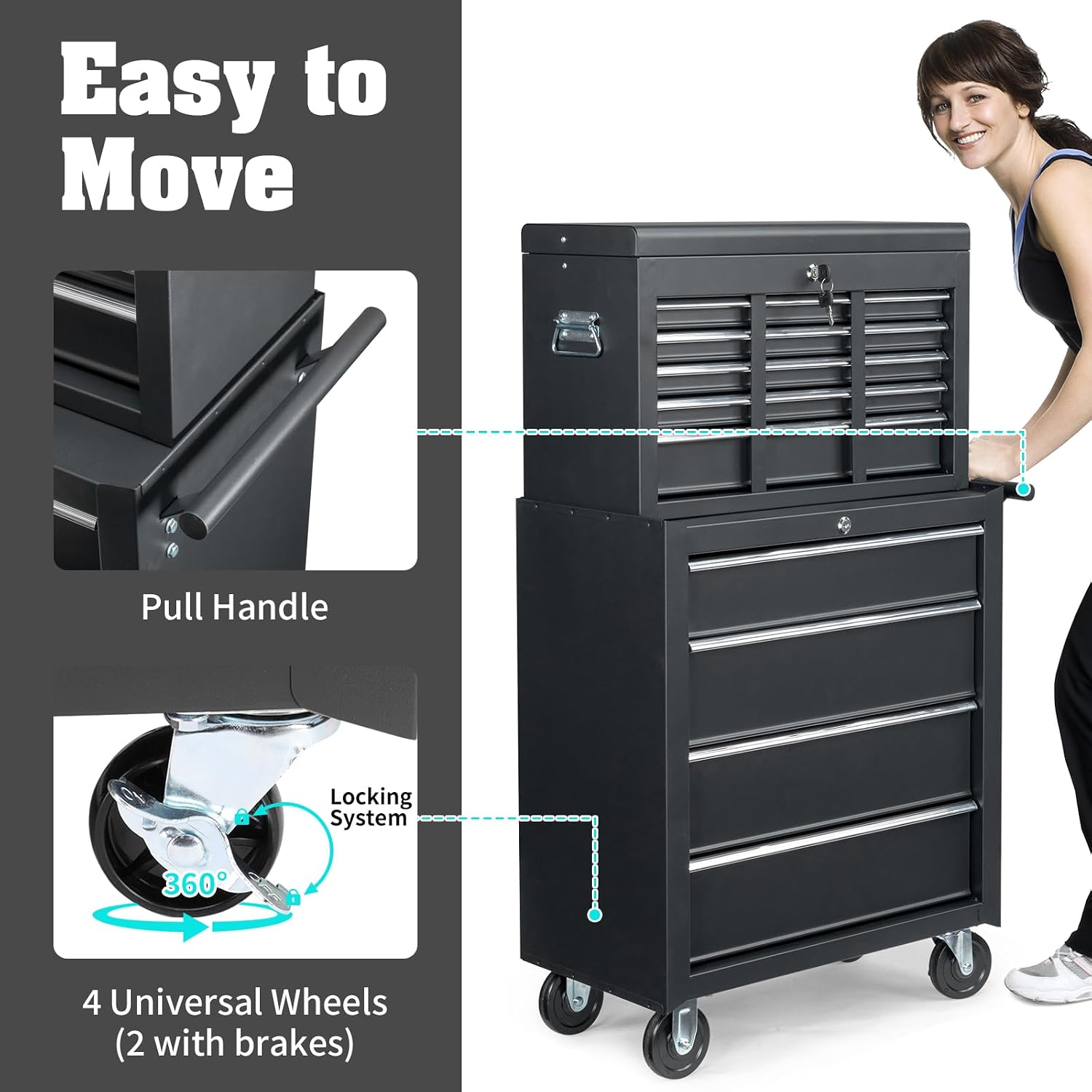 Winado 9-Drawer Rolling Tool Chest with Wheels & Lock & Key, Tool Box with Large Storage Cabinet, Removable Portable Top Box for Garage, Warehouse, Repair Shop & Home
