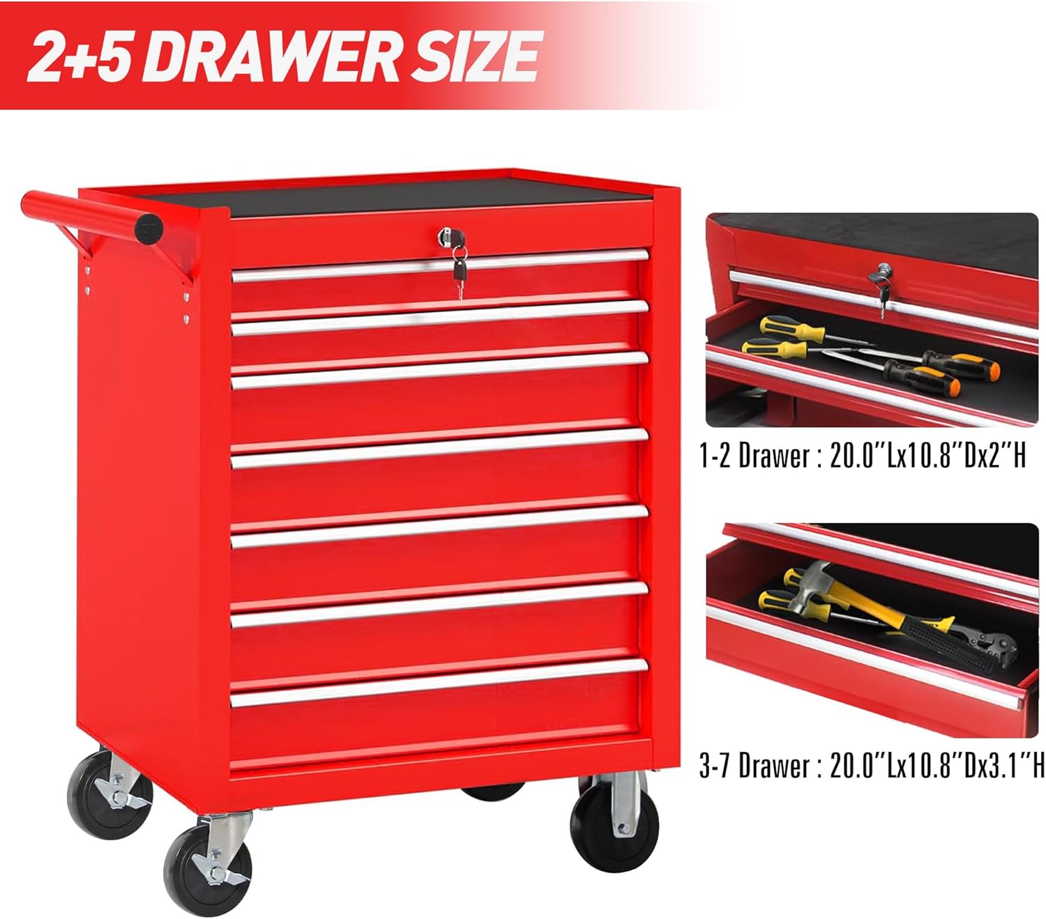 Rolling Tool Chest Cart with 7 Drawers,Storage Tool Cabinet on 4 Wheels. Lockable Tool Cart with Drawer Liners.Steel Tool Box Organizer for Garage,Repair Workshop-Red Plus