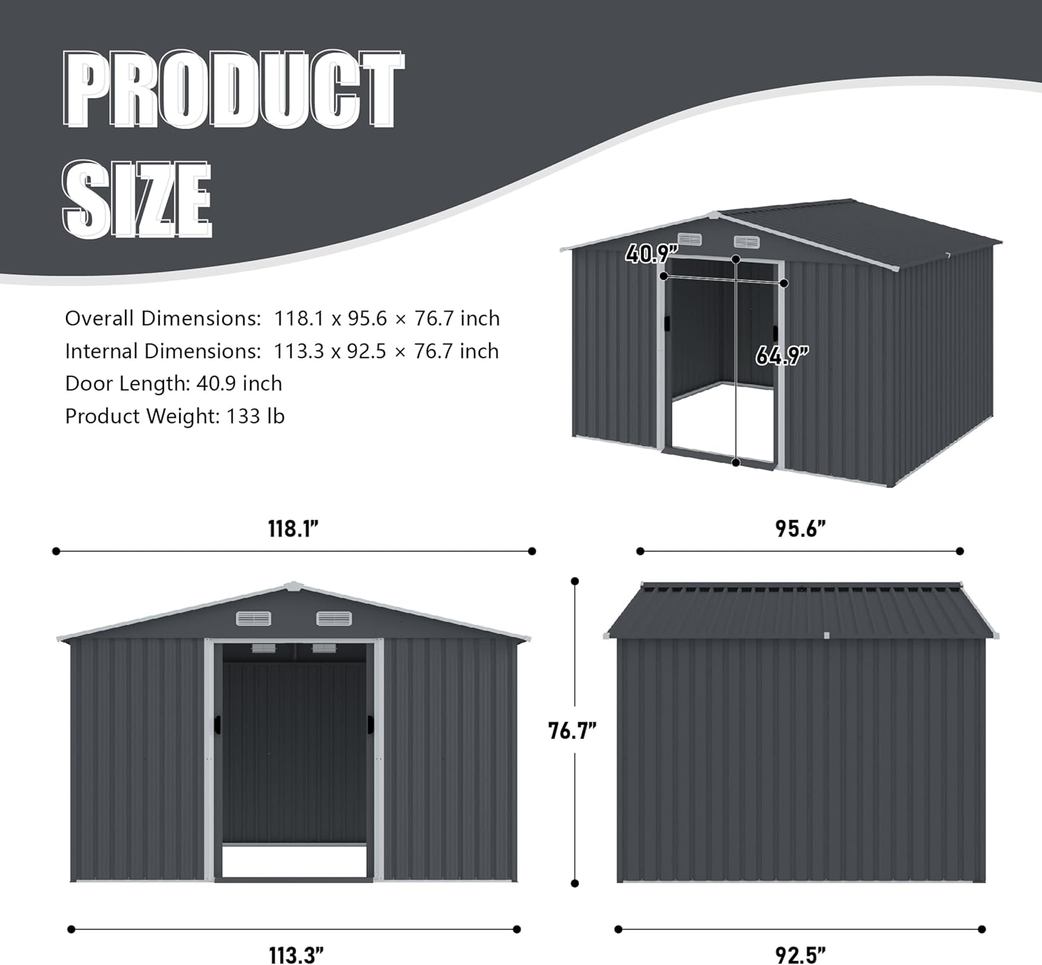 Shed with Windows,Large Metal Outdoor Storage Shed, Lockable Tool Storage shed, Steel Garden shed, Suitable for Backyard, Terrace, and Poolside (Grey, 8FTx10FT)