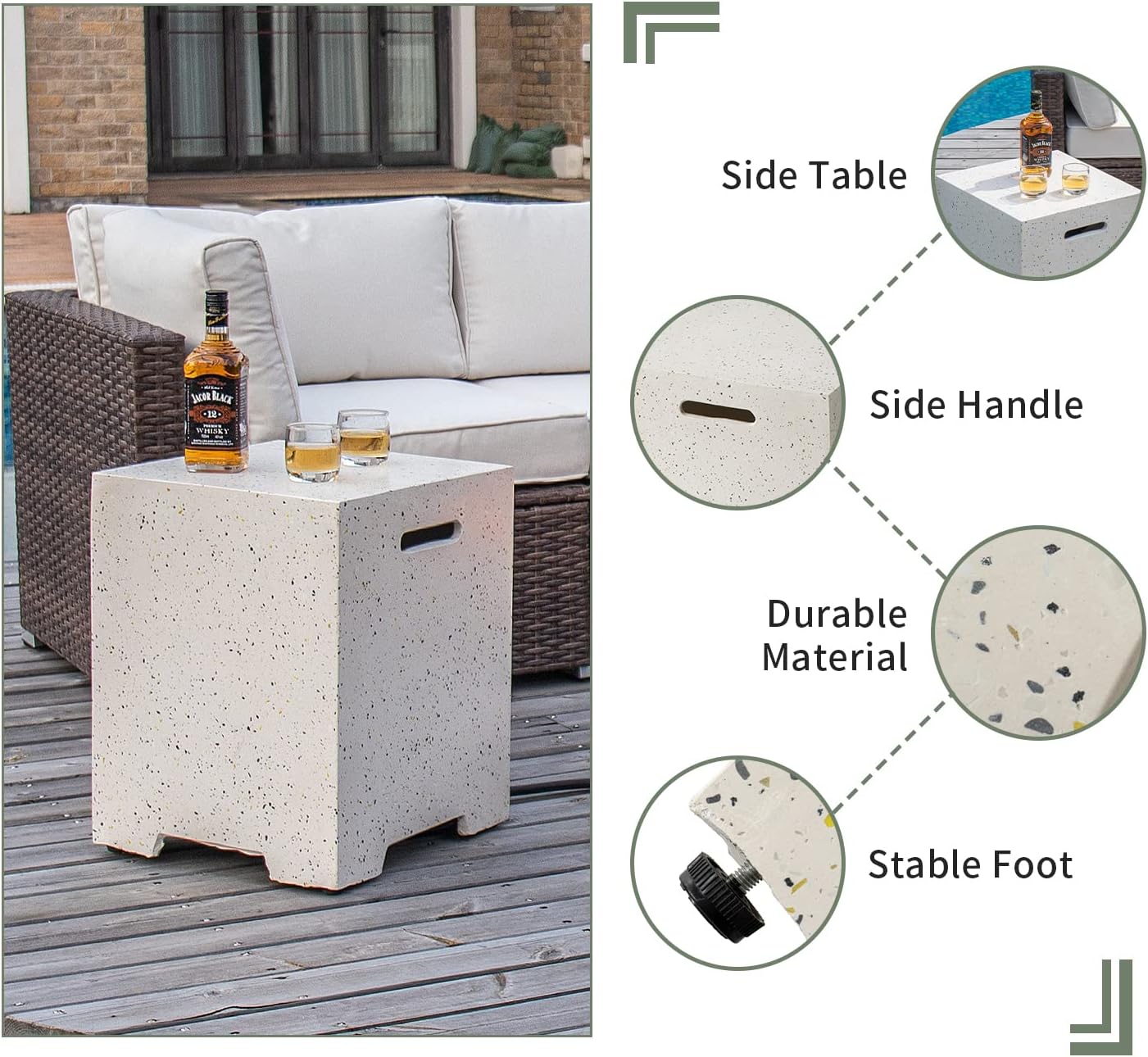 COSIEST 2-Piece Outdoor Propane Fire Pit Table Set w Tank Table, 42-inch Terrazzo Rectangle Fire Table (50,000 BTU) w 16 inches Tank Cover Side Table 20lb, Wind Guard, Black Fire Glass, Rain Cover