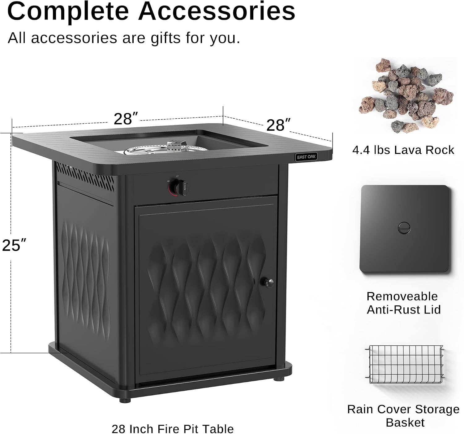 EAST OAK 28'' Steel Propane Fire Pit Table, 50,000 BTU CSA Certified Fire Table with Magnetic Lid, Steel Gas FirePit for Outdoor and Garden, Cover-Storage Basket and Lava Rock , Chocolate Coffee