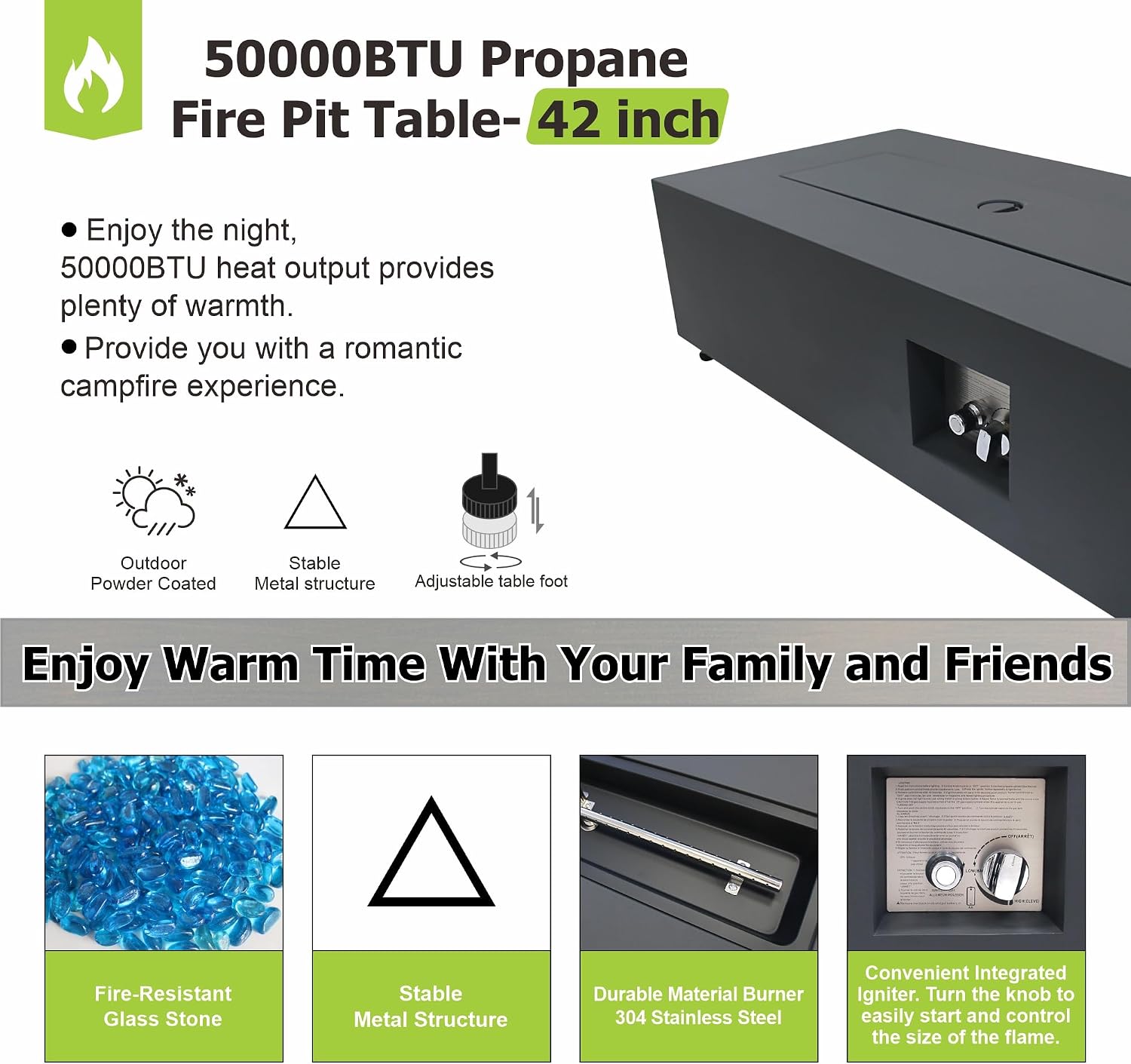 Dineli 2-Piece Outdoor Propane Fire Pit Table Set w Tank Table 42'' Rectangular Firepit Gas Fire Pits for Outside Patio Fire Table Tabletop Fire Pits w LED, 50,000 BTU, Black