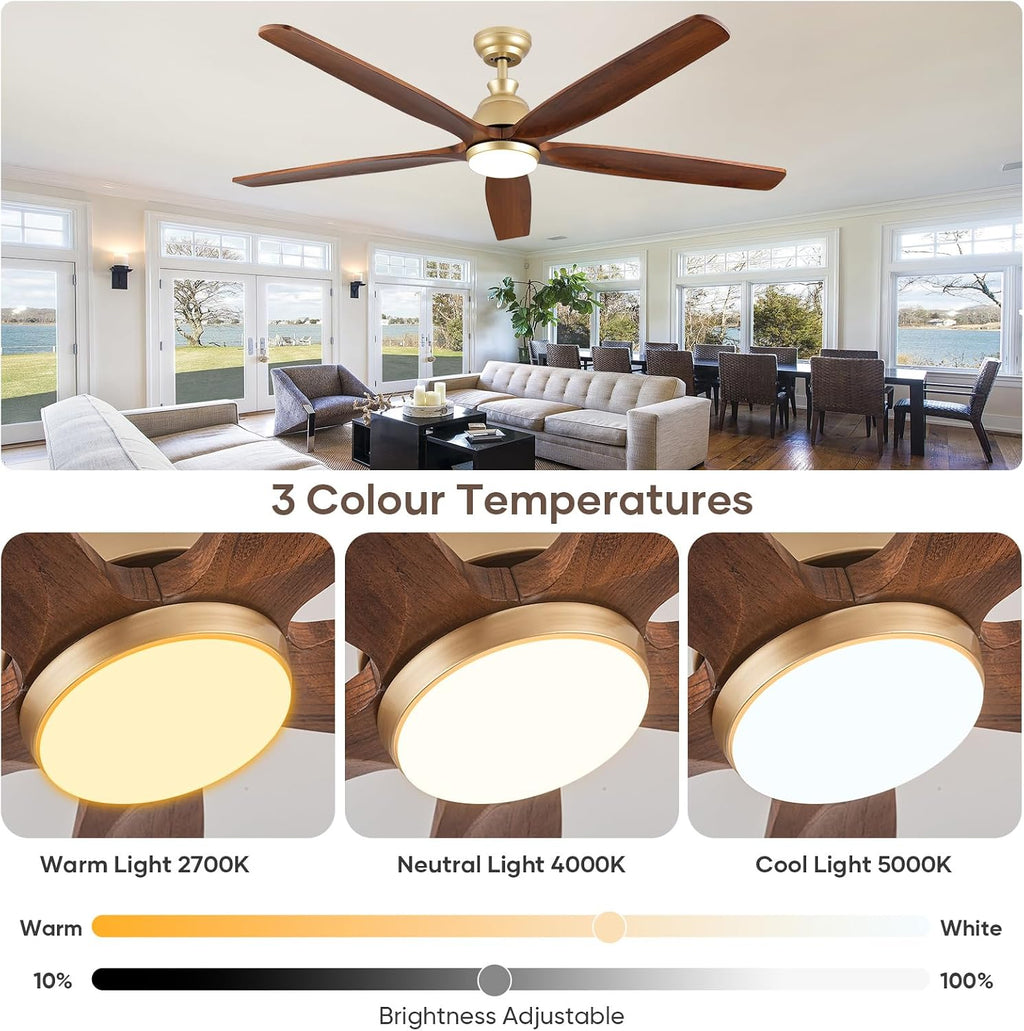 60 Inch Outdoor Ceiling Fan with Light and Remote, Gold Ceiling Fans with Lights, Solid Wood Blade, Quiet Reversible DC Motor, Damp-Rated Large Outdoor Ceiling Fans for Patios Porch Gazebo Farmhouse