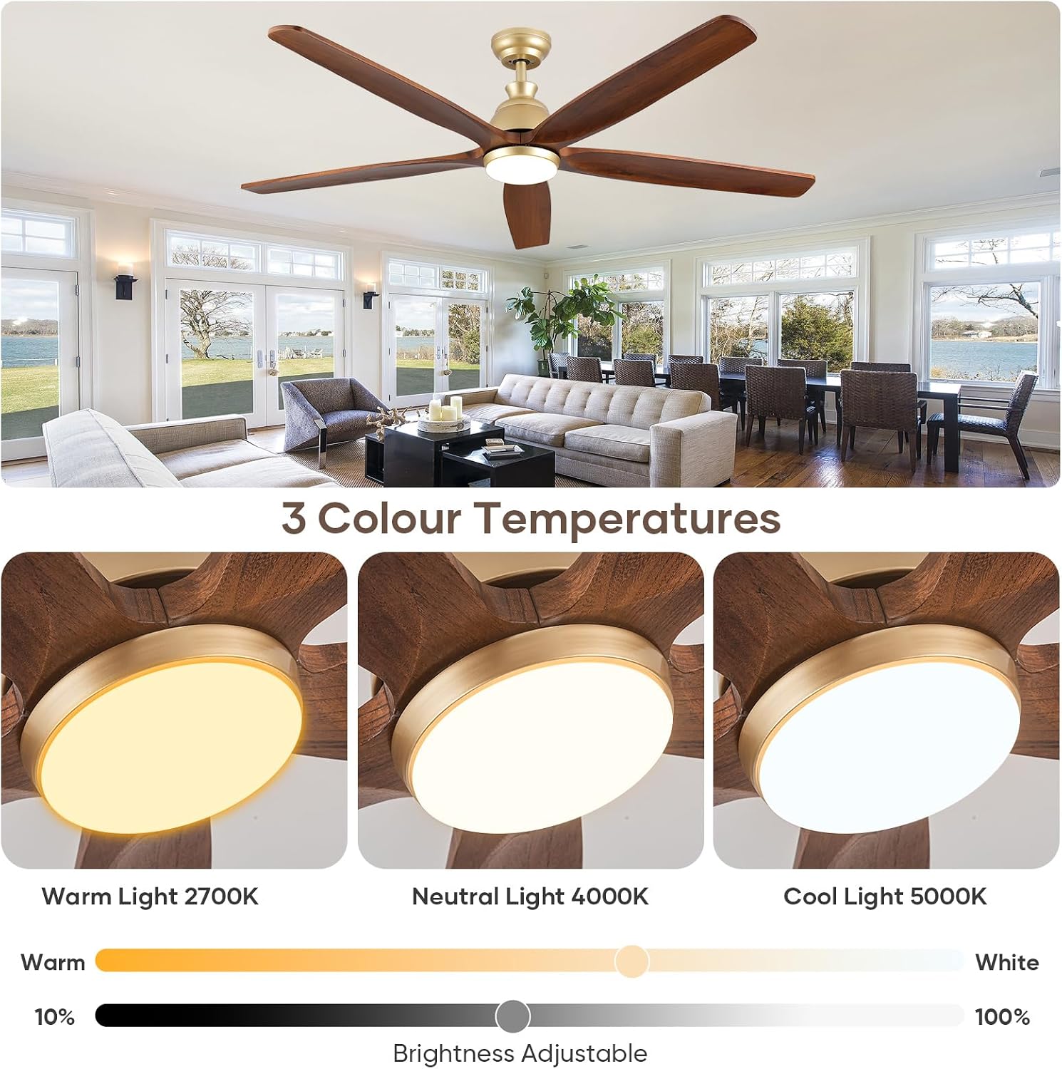 60 Inch Outdoor Ceiling Fan with Light and Remote, Gold Ceiling Fans with Lights, Solid Wood Blade, Quiet Reversible DC Motor, Damp-Rated Large Outdoor Ceiling Fans for Patios Porch Gazebo Farmhouse