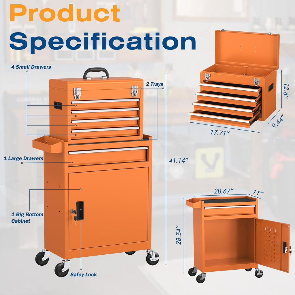 5-Drawers Tool Chest, 2-in-1 Rolling Tool Box with Wheels and Drawers, Detachable Storage Toolbox with Lock, Heavy-Duty Metal Tool Cart for Garage, Workshop (Orange)