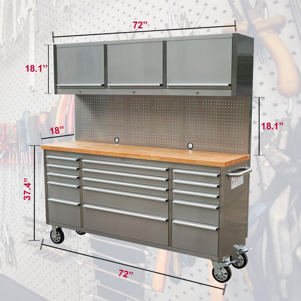 72-Inch Stainless Steel Rolling Tool Chest with 15 Drawers + 3 Upper Cabinets, Mobile Workbench, Assembled Large Tool Box Lockable Storage Cabinet with Wheels for Garage Workshop
