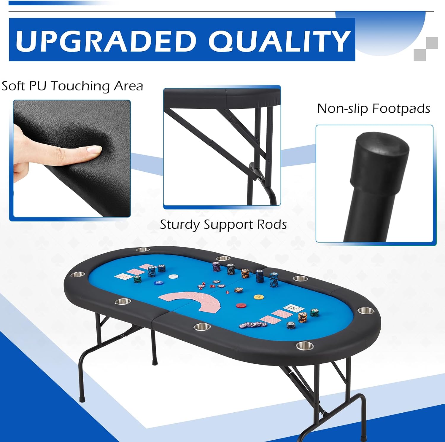 ECOTOUGE Poker Table Foldable, 8 Players Gaming Table w/Stainless Steel Cup Holder & Portable Storage Bag, Folding Oval Texas Holdem Table for Blackjack, Casino Game, Fully Assembled, Blue