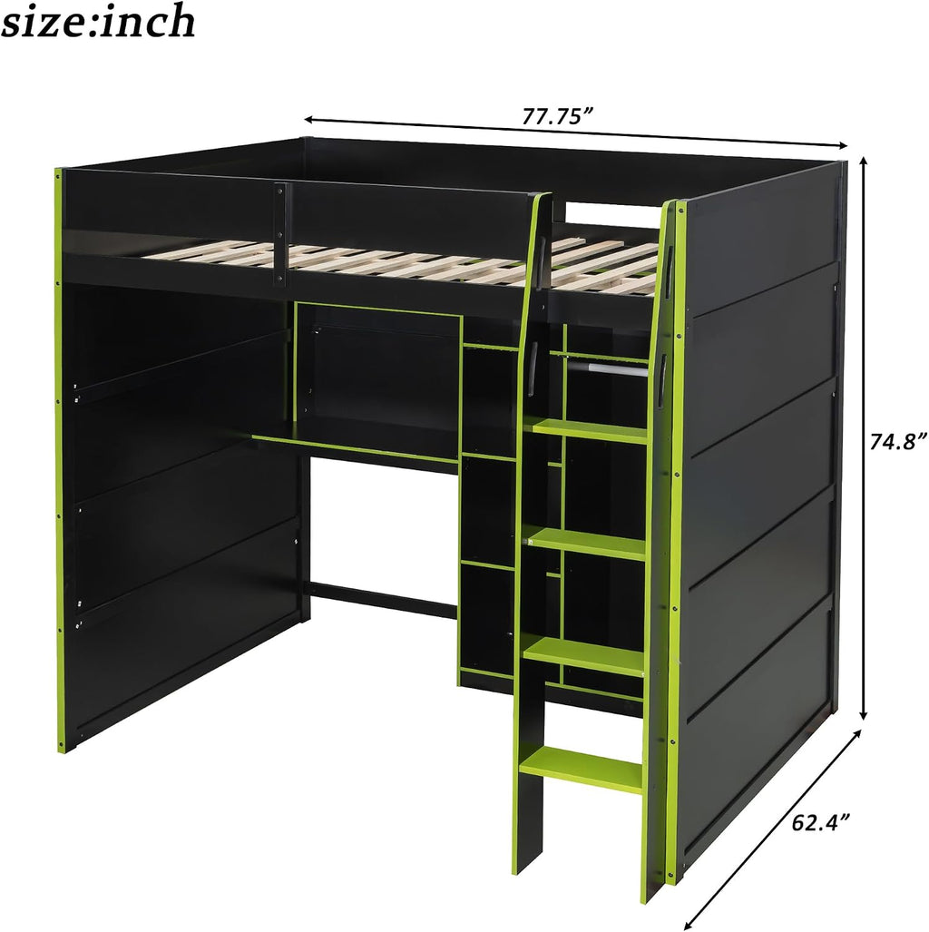 SOFTSEA Full Size Gaming Loft Bed with Desk, Bookshelves, Open Wardrobe & LED Lights for Bedroom, No Box Spring Needed, Green
