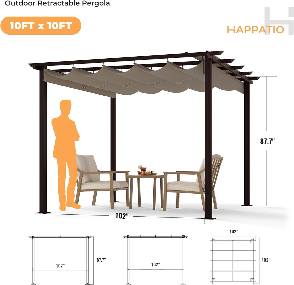 HAPPATIO 10' X 10' Retractable Pergola with Sun Shade Canopy, Patio Aluminum Frame Shelter for Backyards, Gardens, Porch, Includes Ground Studs and Expansion Screws (Brown)