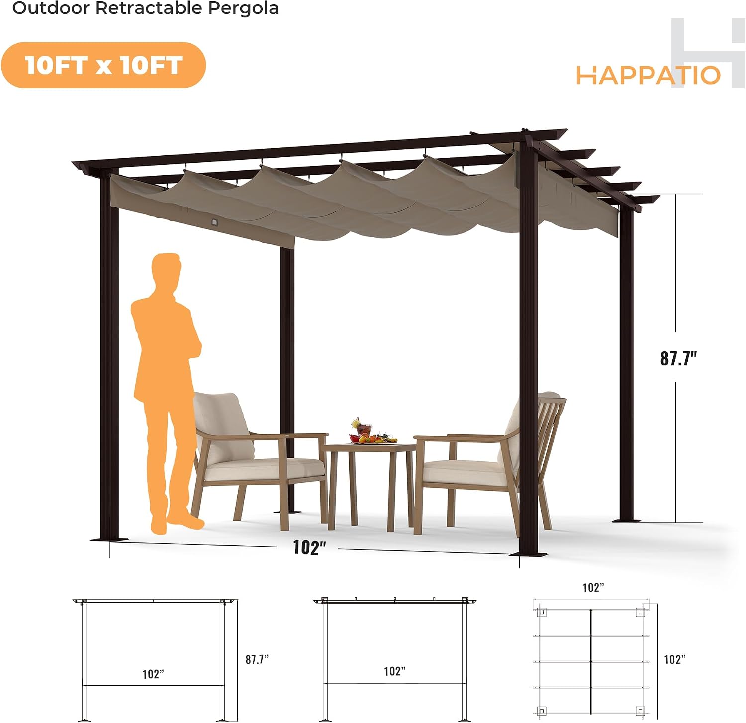HAPPATIO 10' X 10' Retractable Pergola with Sun Shade Canopy, Patio Aluminum Frame Shelter for Backyards, Gardens, Porch, Includes Ground Studs and Expansion Screws (Brown)