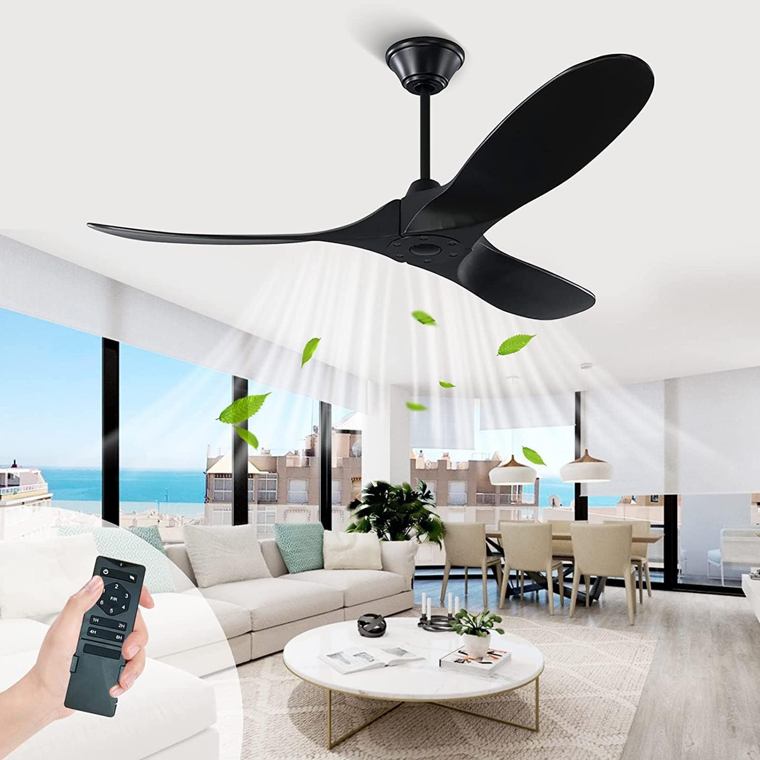Black Ceiling Fan No Lights Outdoor Ceiling Fan for Patio 52 inch Large Airflow 3 blade Ceiling Fan Damp Rated Wood Ceiling Fan for Farmhouse Exterior House Porch Gazebo (52 inch, Black Ceiling Fan)