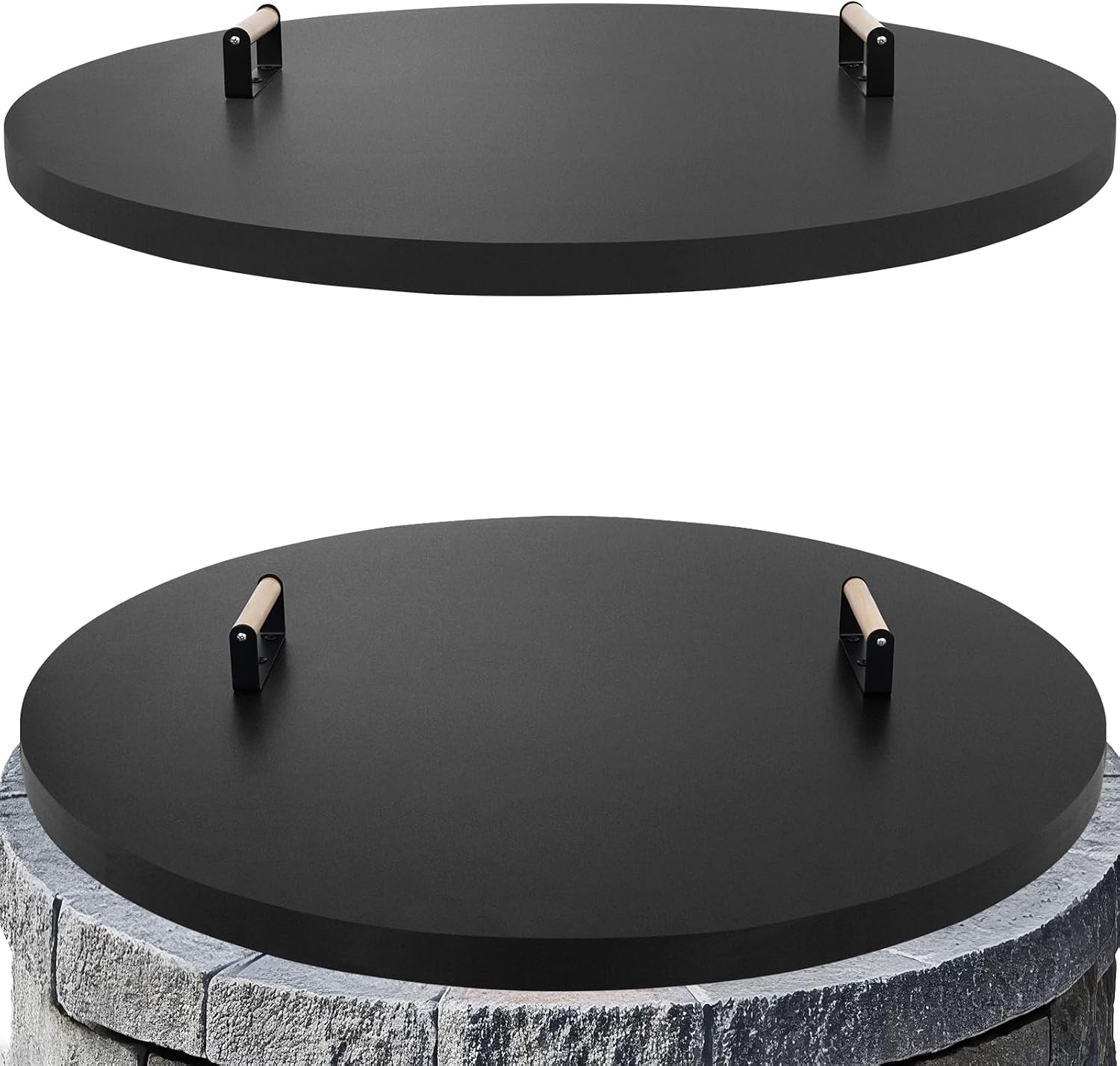 Fire Pit Lid Cover Round - 38' Rust Resistant Powder Coated Steel Firepit Cover or Table with 2 Wooden Handles for Patio Fire Pit, Weatherproof for All Seasons, Fits Fire Pits Up to 36'