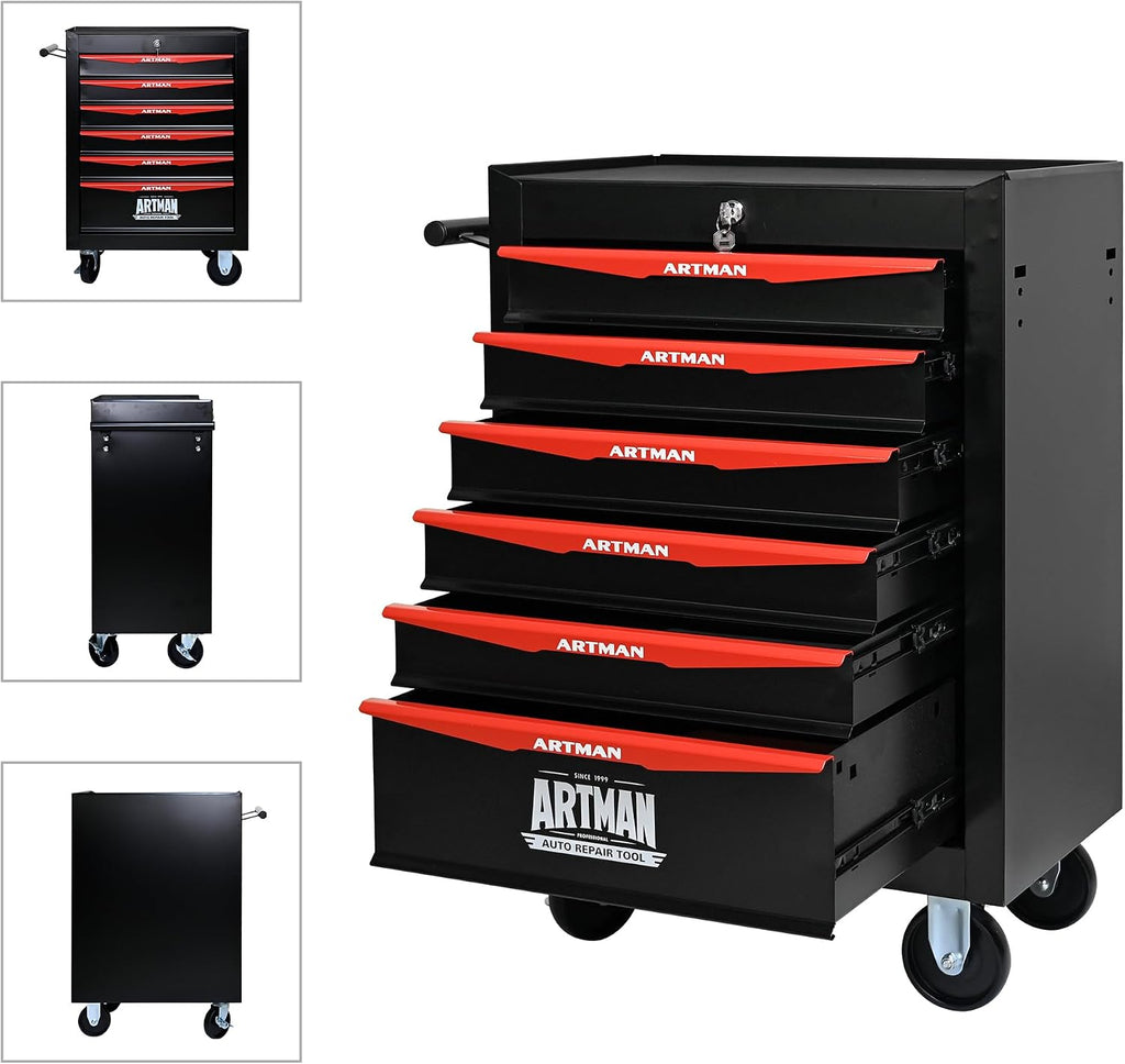 6 Drawers Tool Cart on Wheels, Multifunctional Rolling Tool Chest, Drawers Mobile Trolley Organizer Heavy Duty Tools Box with Locking Wheels & Ball Bearing Drawers (Black, 6 Drawers)