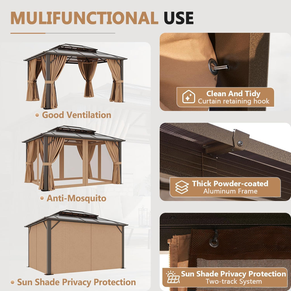 10'x13' Hardtop Gazebo, Polycarbonate Double Top Canopy, Aluminum Frame Permanent Pavilion with Curtains and Netting, Sunshade for Lawns, Patios, Gardens