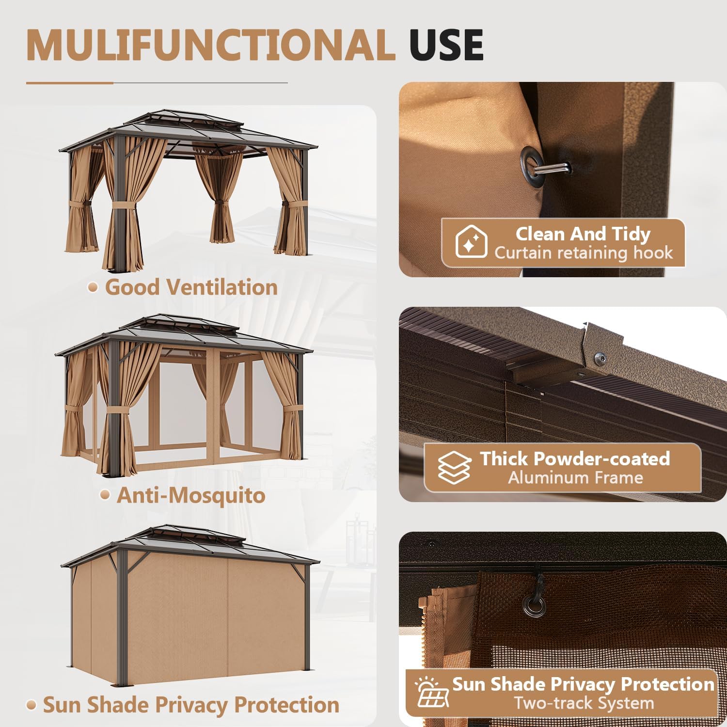10'x13' Hardtop Gazebo, Polycarbonate Double Top Canopy, Aluminum Frame Permanent Pavilion with Curtains and Netting, Sunshade for Lawns, Patios, Gardens