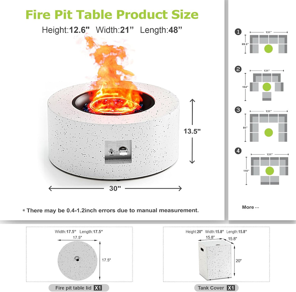2-Piece 30' Round Propane Fire Pit for Outside Patio with Hidden Tank Table, 50,000 BTU Fireplaces with Lid, Glass Rocks, Cover(Speckled White)