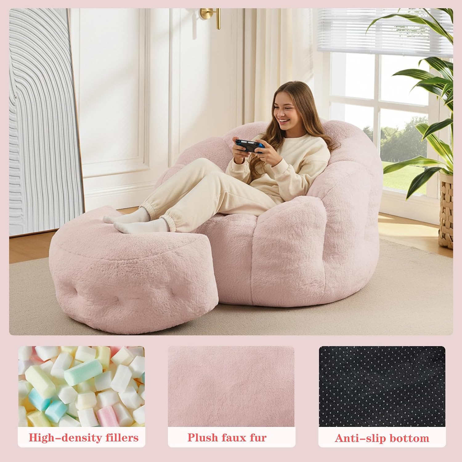 Bean Bag Chair with Ottoman, Pink Flower Bean Bag Chairs for Adults and Teens, Comfy Plush Faux Fur Reading Chair for Living Room, Bedroom, Apartment, Dorm