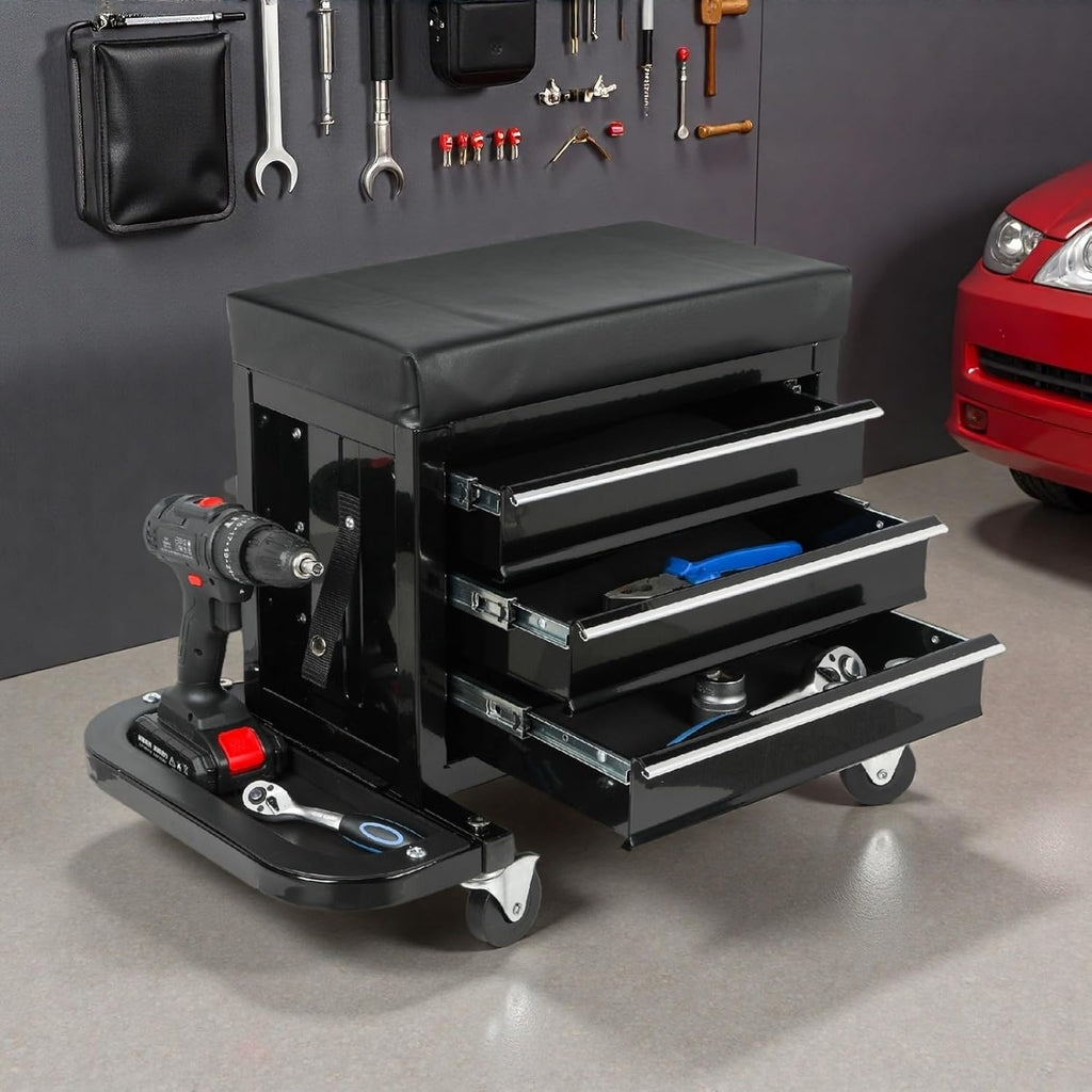 Tool Chest, 3-Drawers Rolling Tool Box with Screworivers Supports & 2 Foldable Side Trays, Rolling Mechanic Seat with Seat Cushion for Warehouse, Workshop, Capacity 350lbs, Black