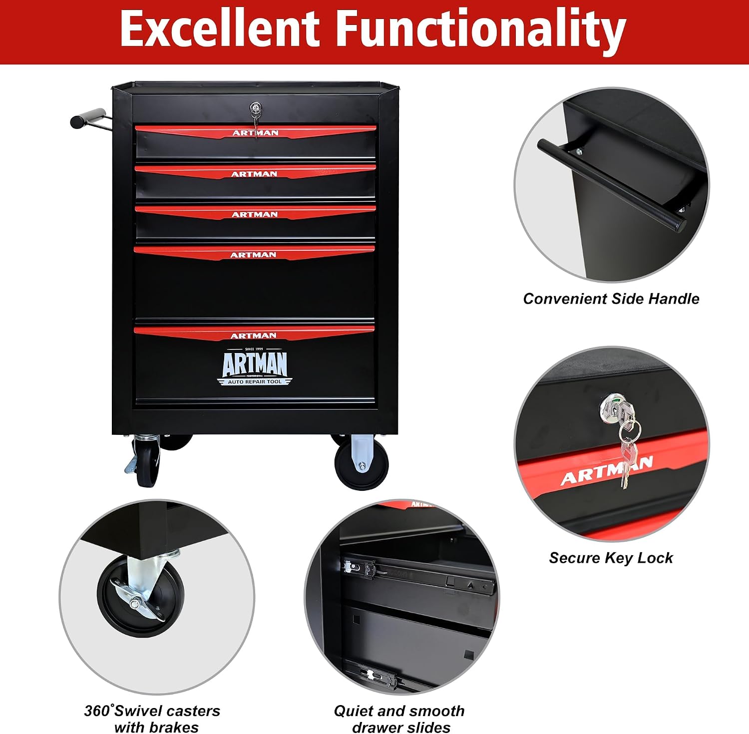 5 Drawers Tool Cart on Wheels, Multifunctional Rolling Tool Chest, Drawers Mobile Trolley Organizer Heavy Duty Tools Box with Locking Wheels & Ball Bearing Drawers (Black, 5 Drawers)