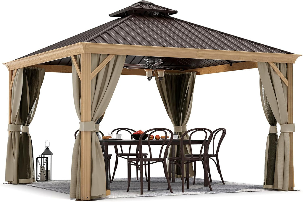 HAPPATIO 12' x 12' Hardtop Gazebo Outdoor, Wood Grain Aluminum Frame with Double Galvanized Steel Roof，Patio Gazebo Canopy with Netting and Curtains for Patio, Lawns, Deck, Backyard (Beige)