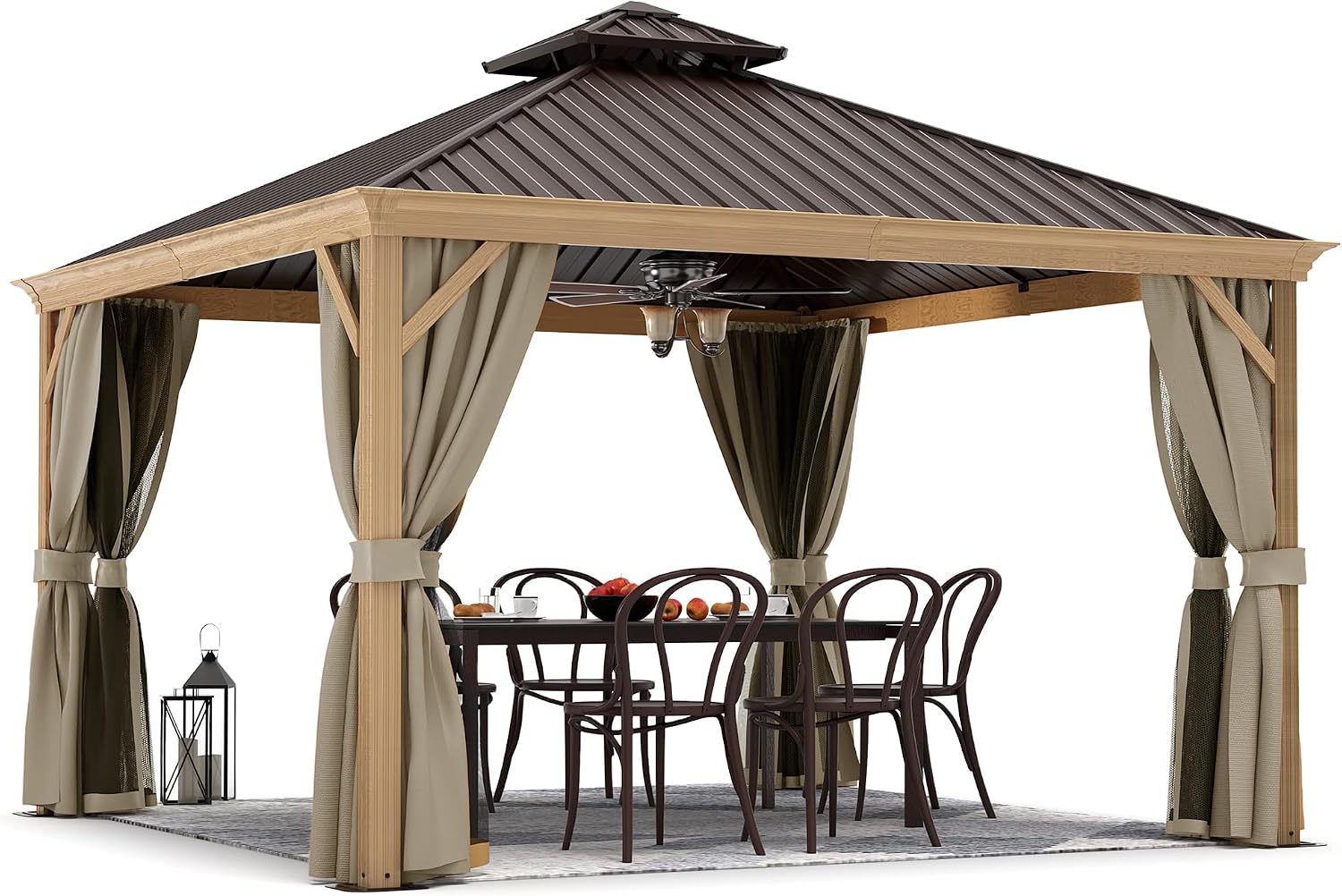 HAPPATIO 12' x 12' Hardtop Gazebo Outdoor, Wood Grain Aluminum Frame with Double Galvanized Steel Roof，Patio Gazebo Canopy with Netting and Curtains for Patio, Lawns, Deck, Backyard (Beige)