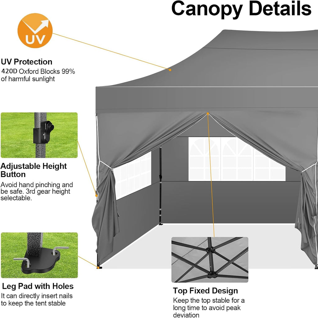 COBIZI 10x20 Pop up Canopy Tent 10x20 Canopy with 6 Sidewalls Waterproof Heavy Duty Commercial Tent for Parties Outdoor Garden Gazebo, Carry Bag with Wheel(10x20ft, Gray)