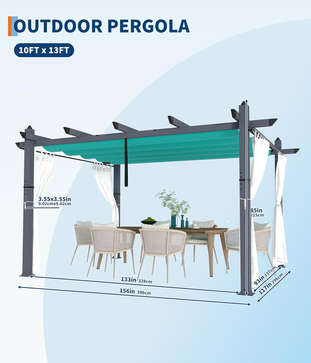 GAOMON 10x13 Ft Outdoor Aluminum Pergola, Heavy-Duty Woodgrain Patio Pergola with Retractable Canopy Sun Shade & Side Mesh Curtain, Metal Gazebo for Existing Deck Backyard Garden, Blue