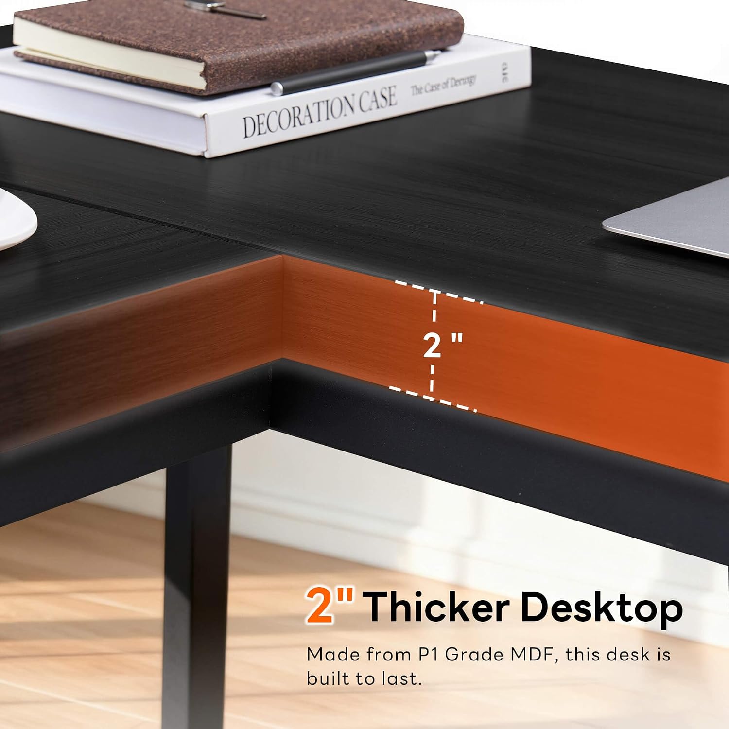 ivinta L Shaped Desk, Modern Corner Home Office Computer Desk with 2' Thicker Desktop for Study Work, Simple Reversible Worksation with Metal Frame for Bedroom Living Room Novas (Black)